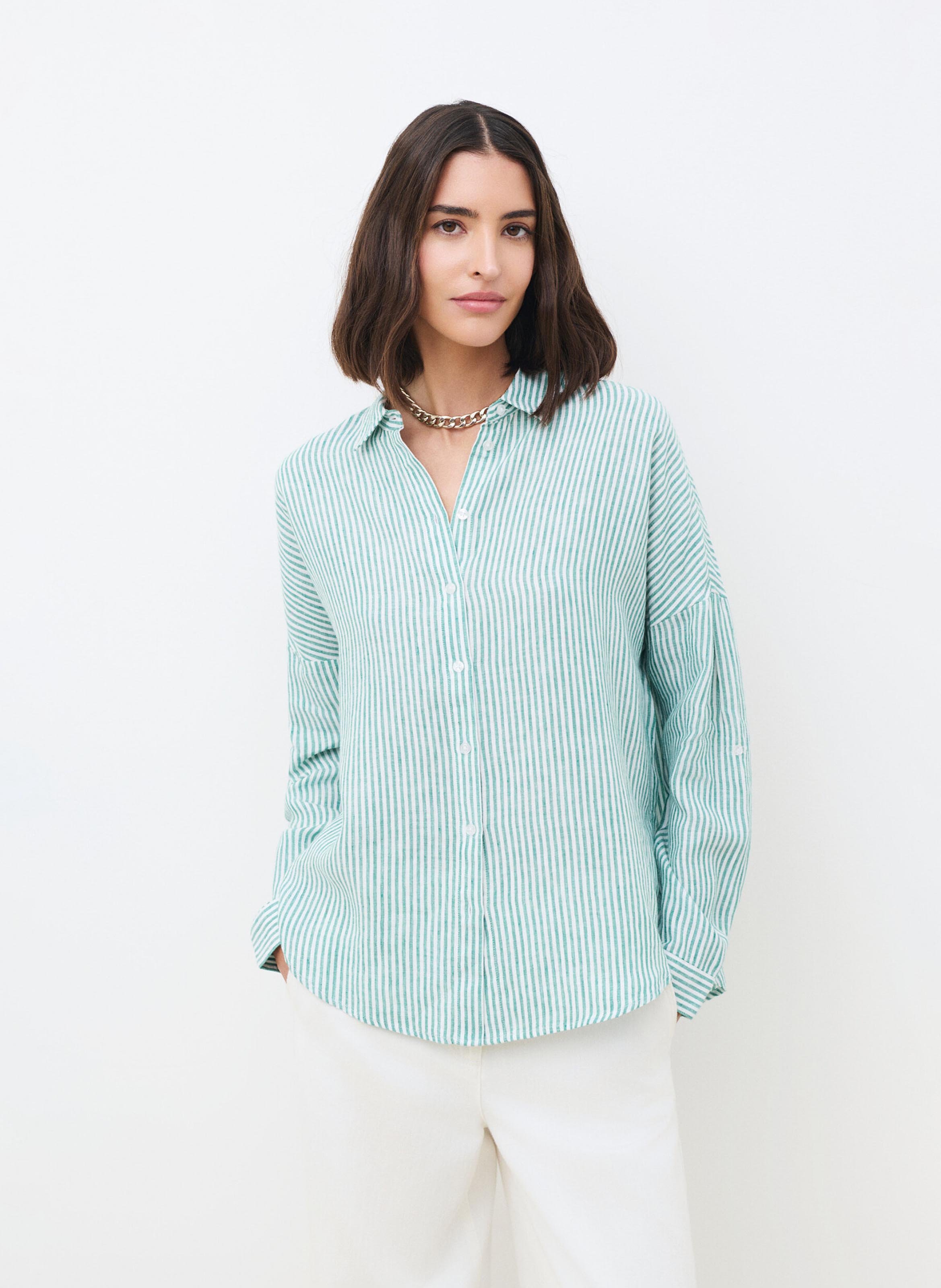 Chemise col classique rayée en lin CAROLL Vert