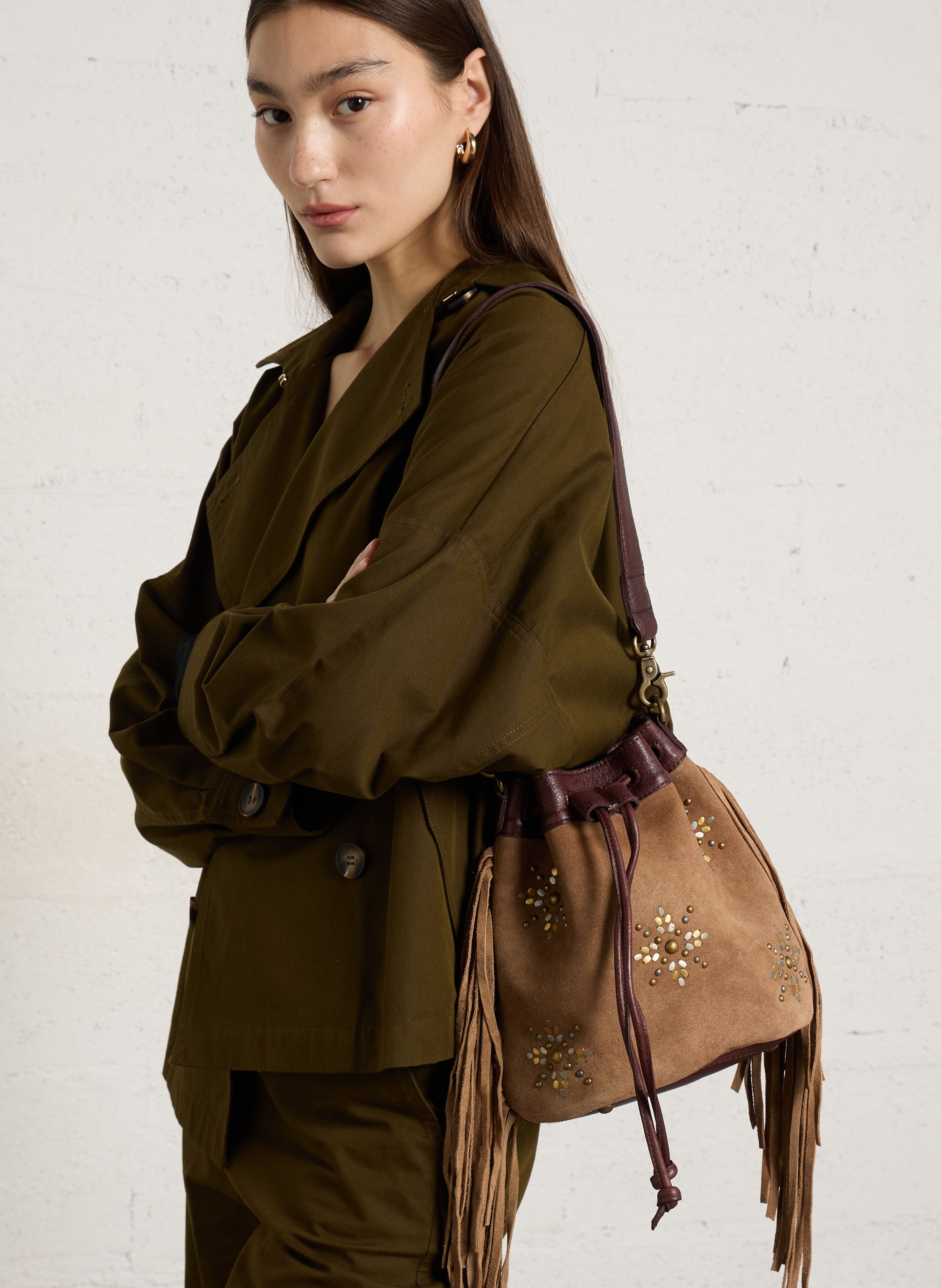 Leren schoudertas met franje MKT Bruin