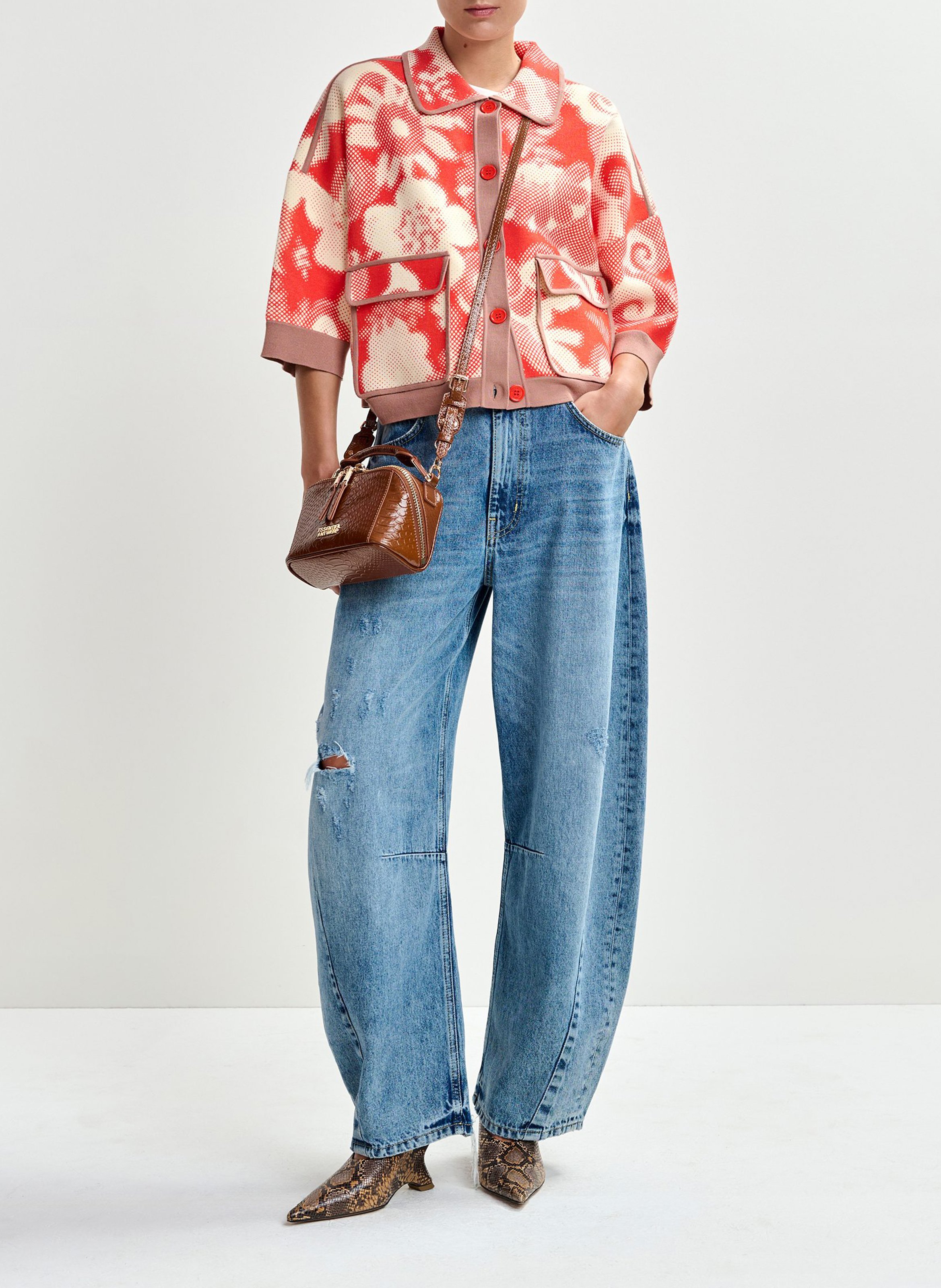 Floral oversized cardigan with 3/4 sleeves ESSENTIEL ANTWERP Red