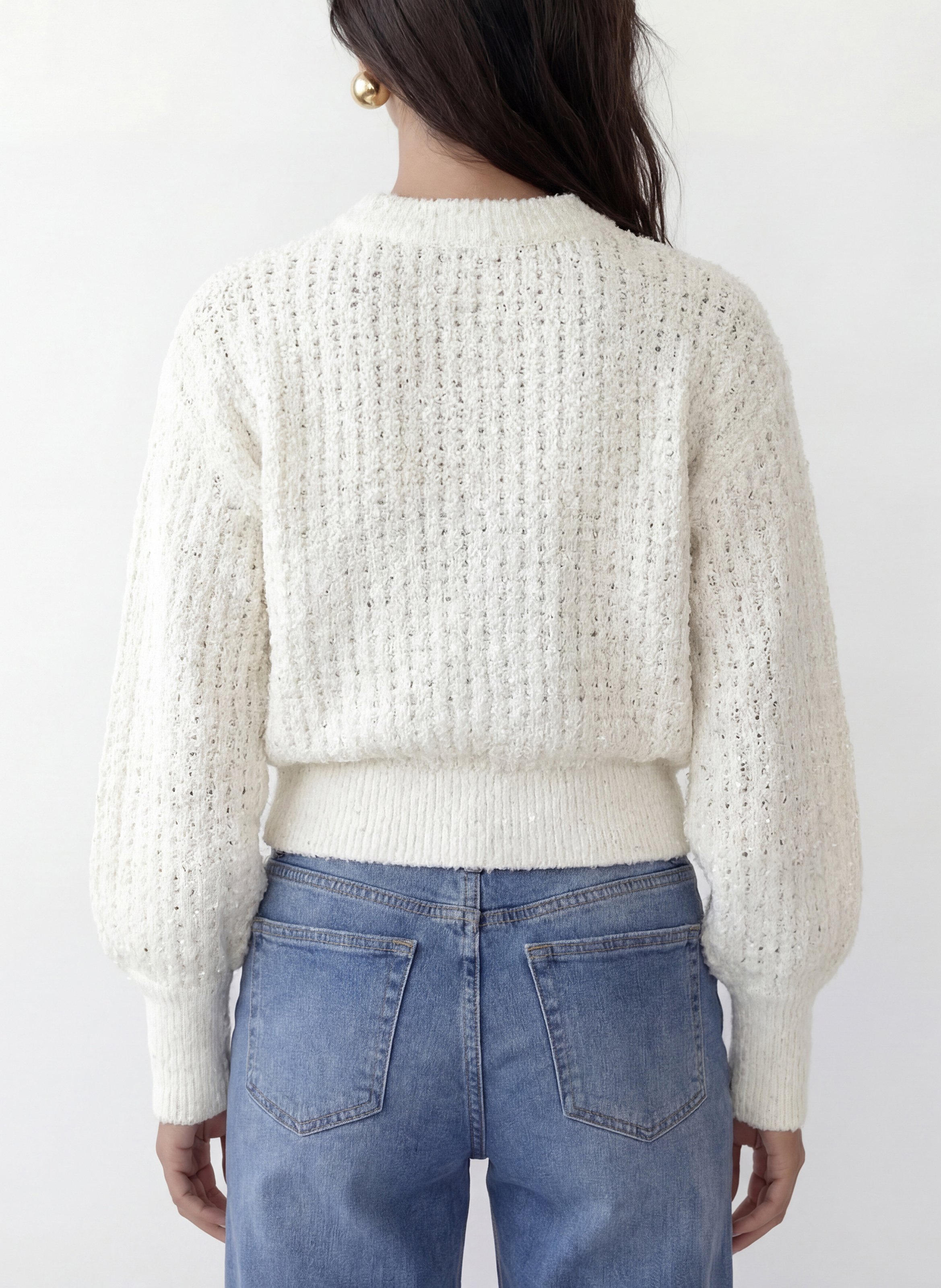 Pull ample col rond à sequins en maille ajourée KOOKAI Blanc