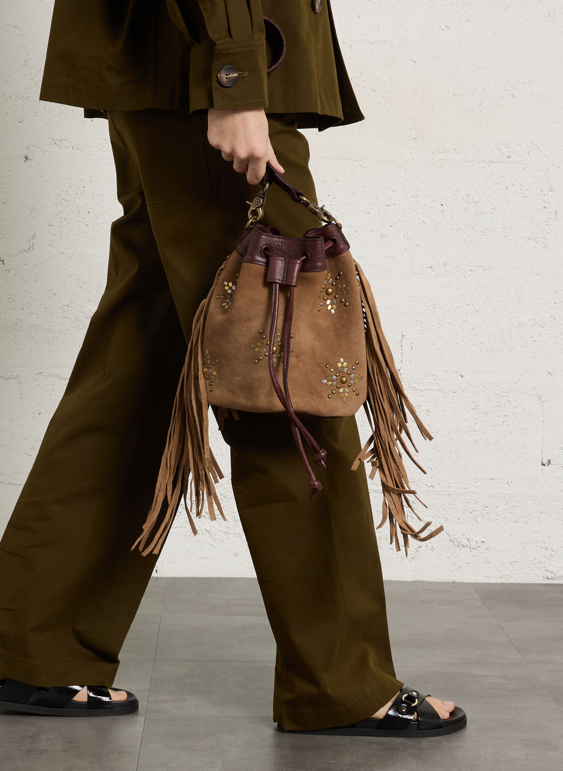 Leren schoudertas met franje MKT Bruin