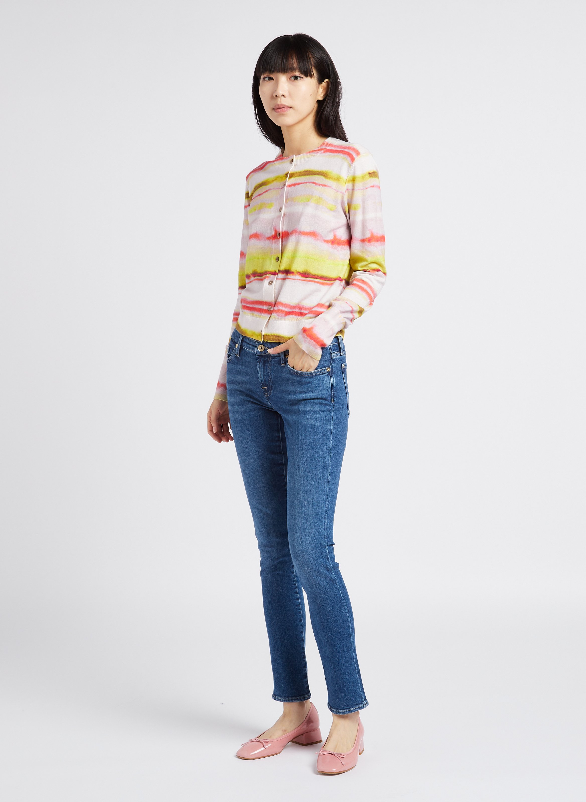 Straight round-neck cotton cardigan Pink