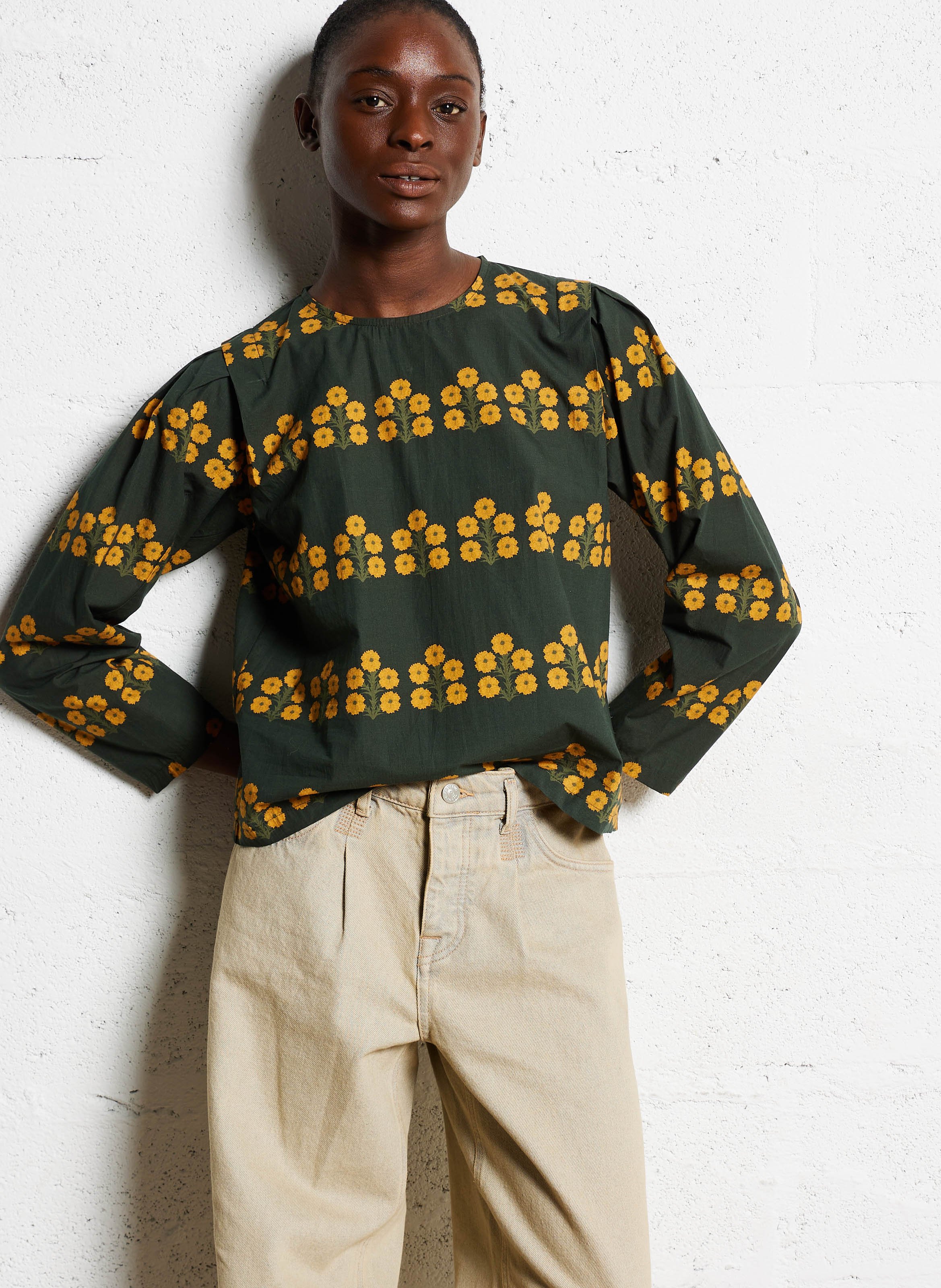 Blouse col rond en coton THE TINY BIG SISTER Kaki