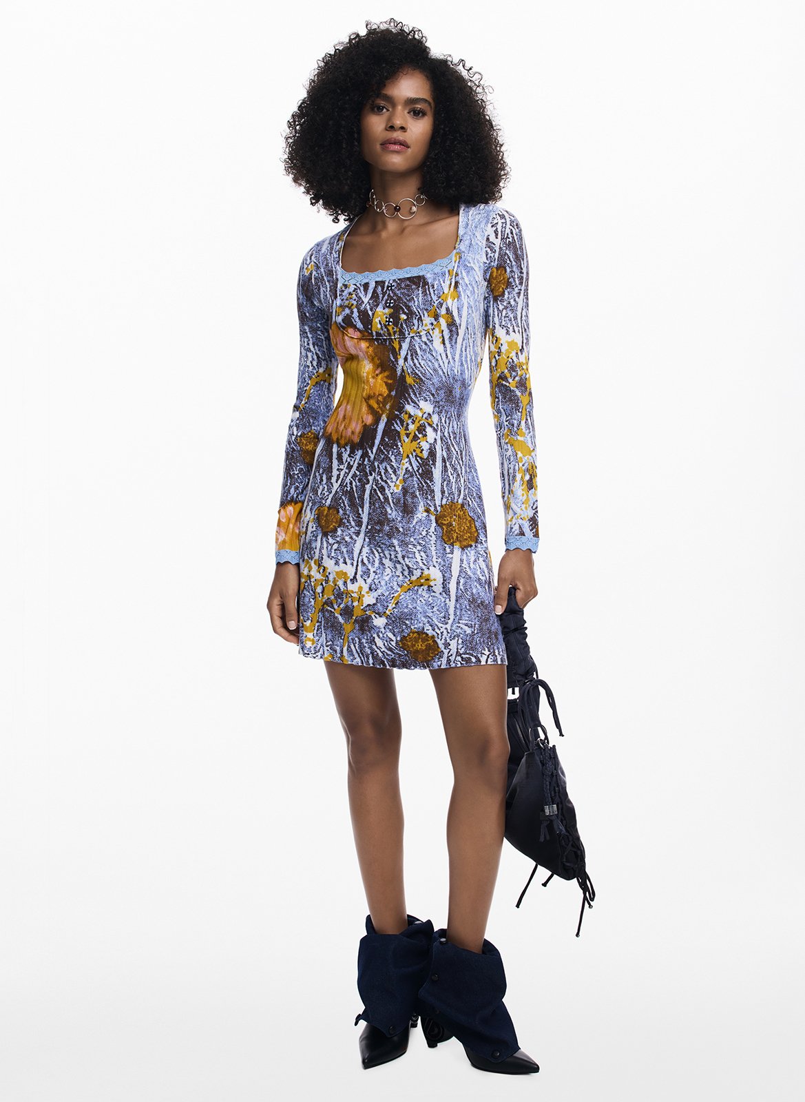 Robe courte col carré en coton DESIGUAL Bleu