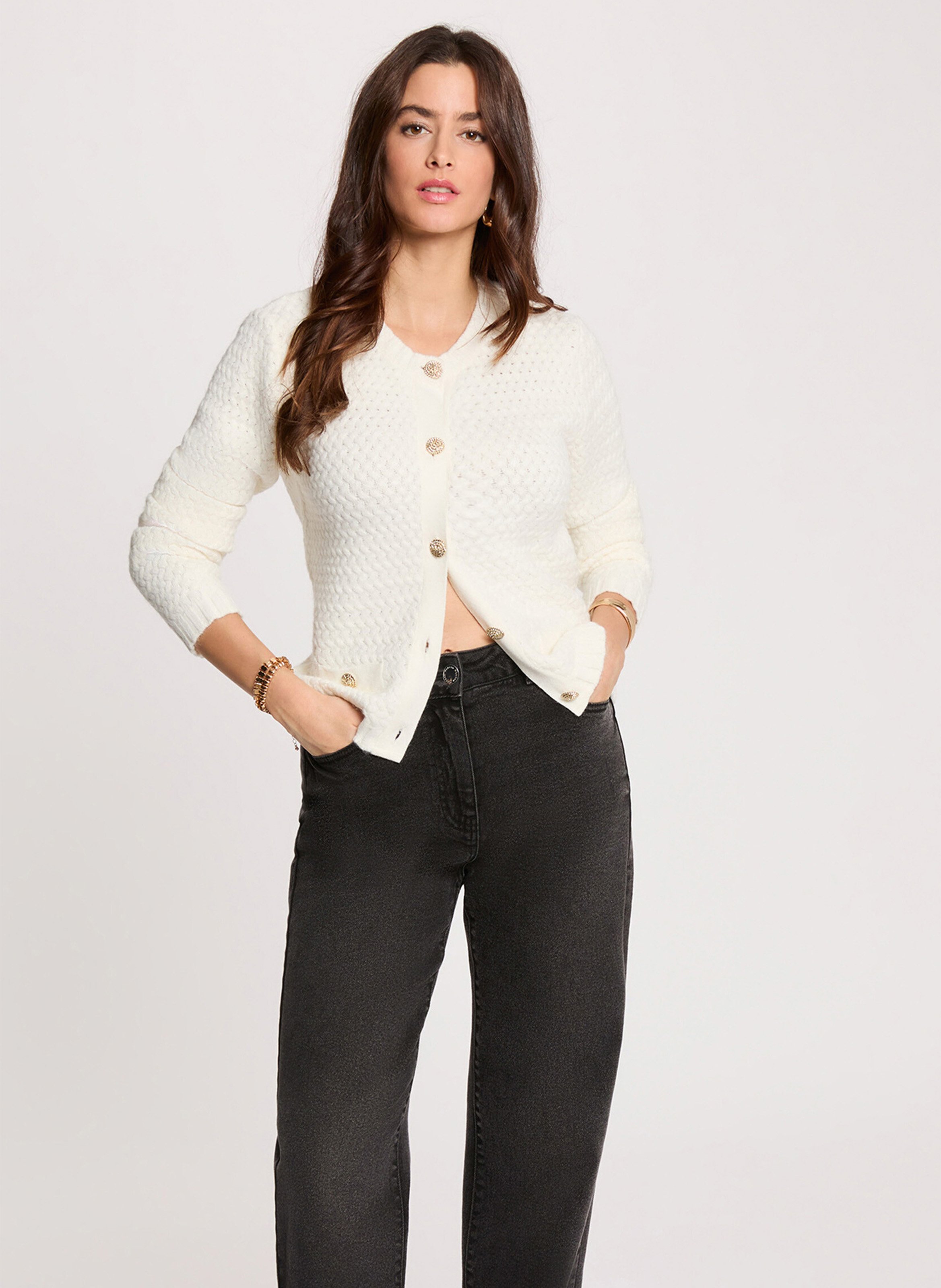 Cardigan mit geradem Schnitt, rundem Ausschnitt und Knopfleiste MORGAN Weiss