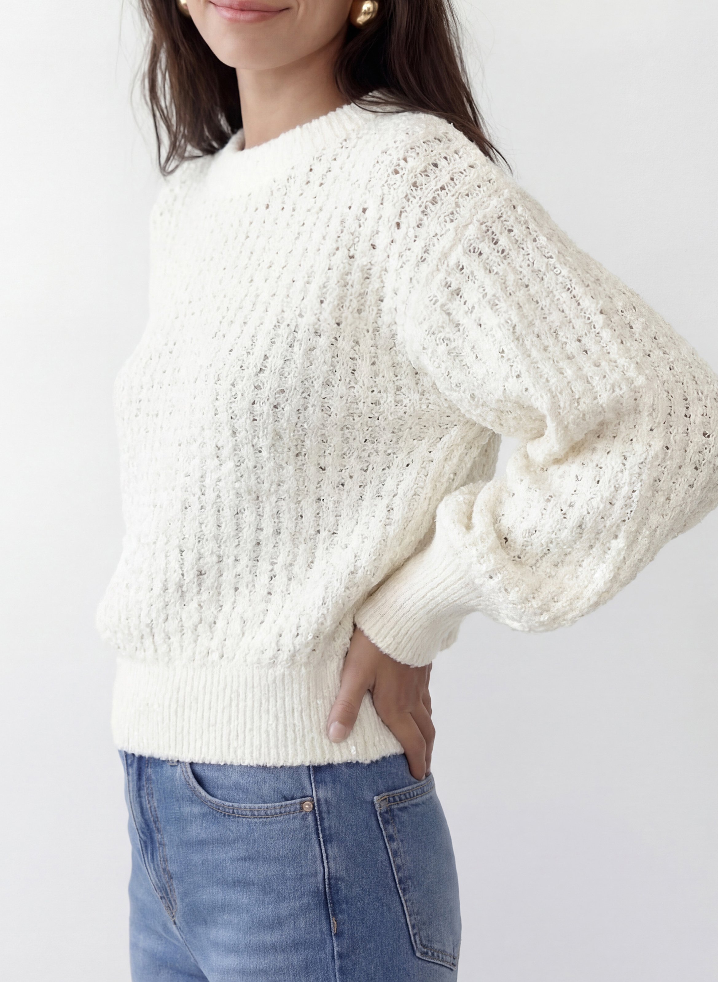 Pull ample col rond à sequins en maille ajourée KOOKAI Blanc