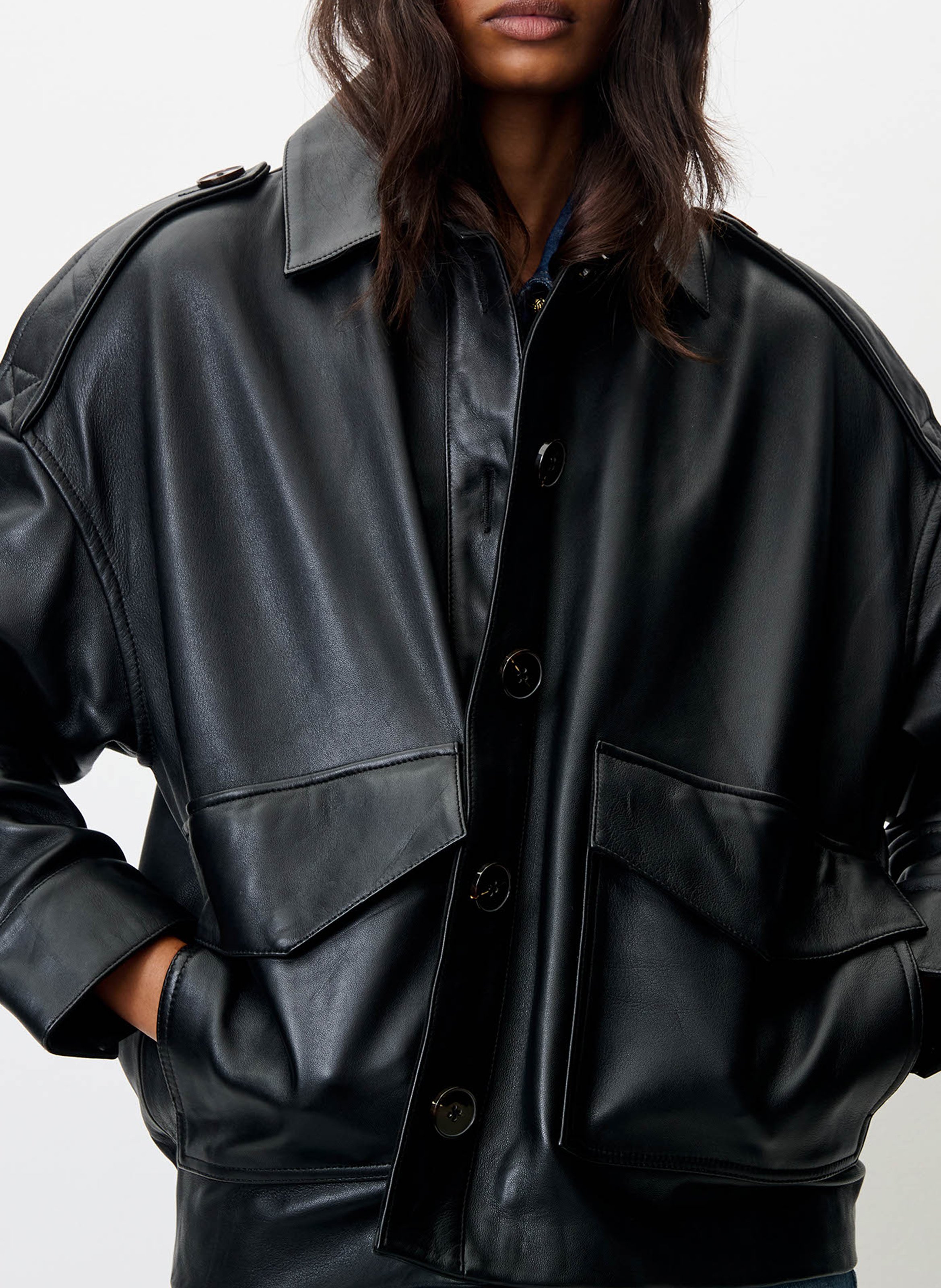 Weite Lederjacke mit Knöpfen | Schwarz SESSUN Damen