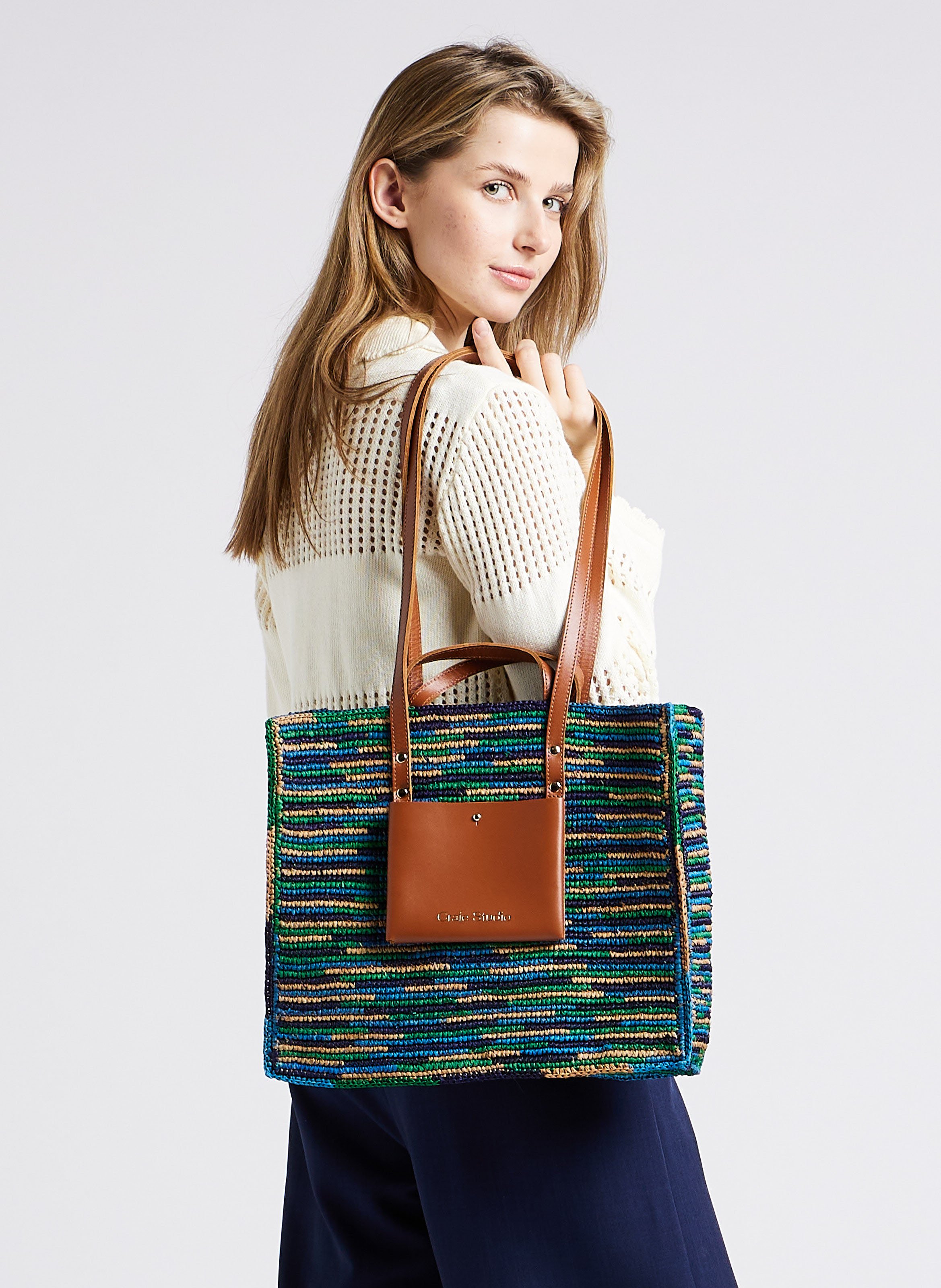 Leather and raffia tote bag CRAIE STUDIO Blue