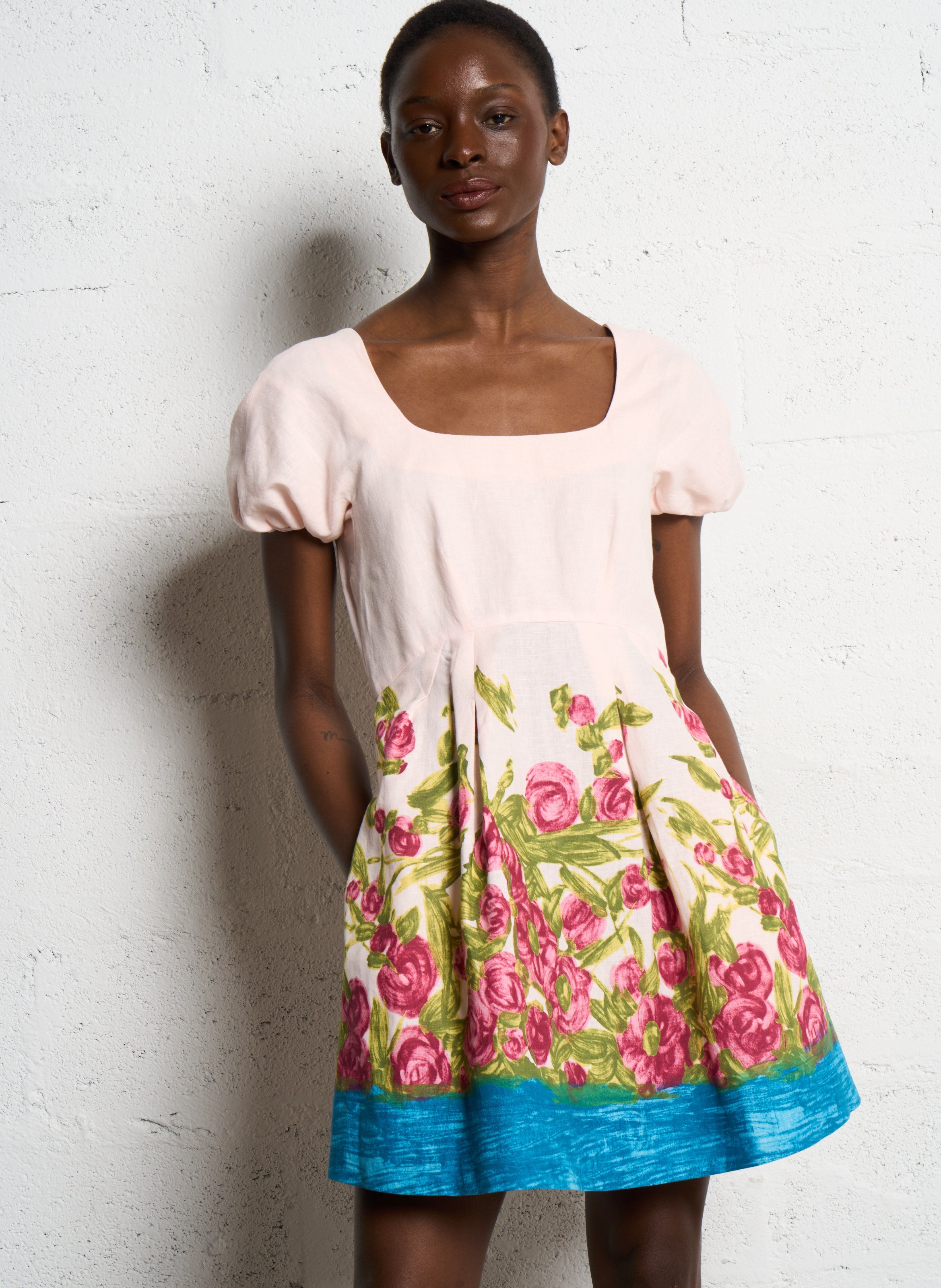 Robe courte à imprimé floral en lin et coton mélangés MAX MARA WEEK END Rose