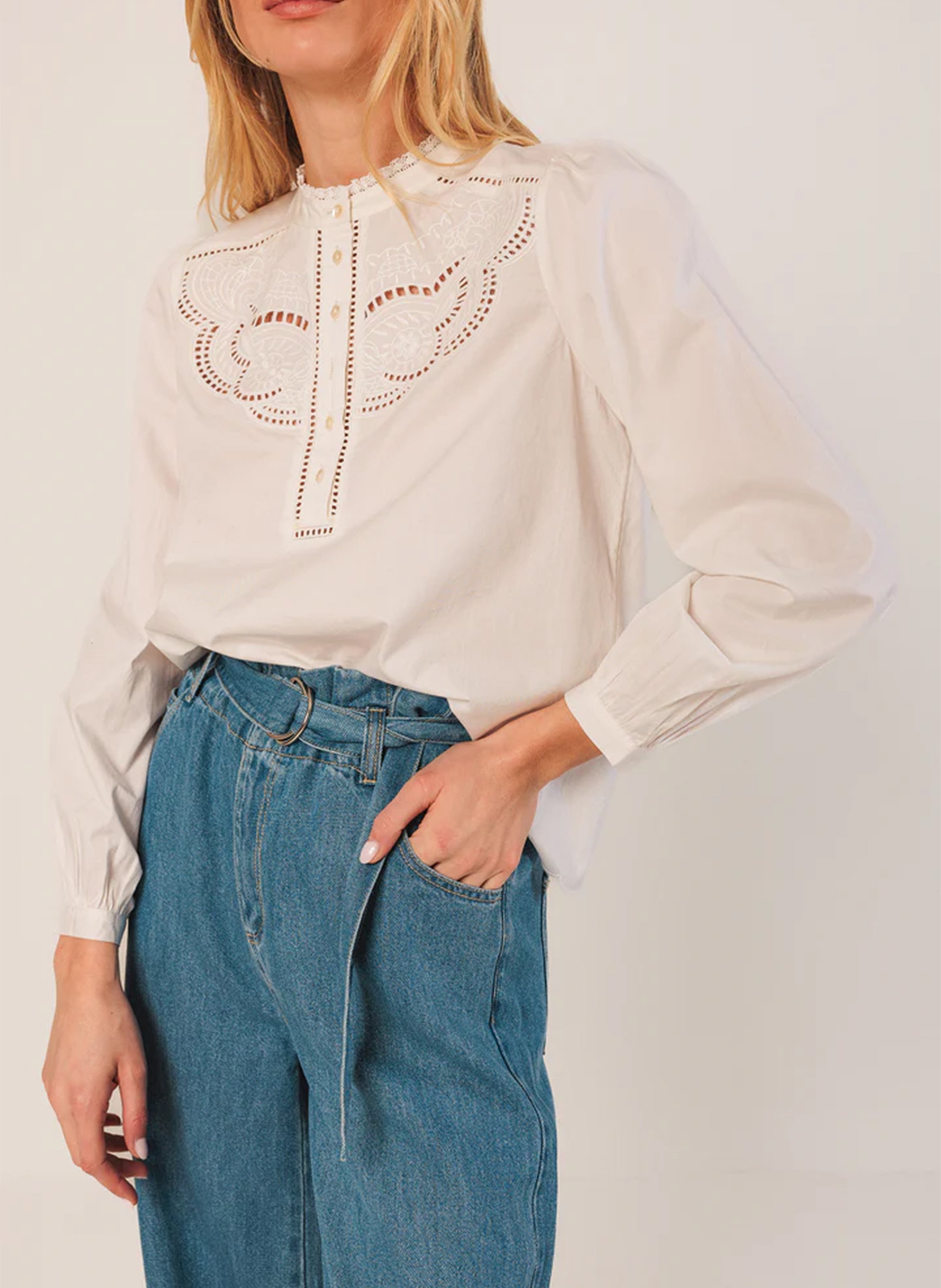 Baumwollbluse mit Rundhalsausschnitt INDI &amp; COLD Weiss