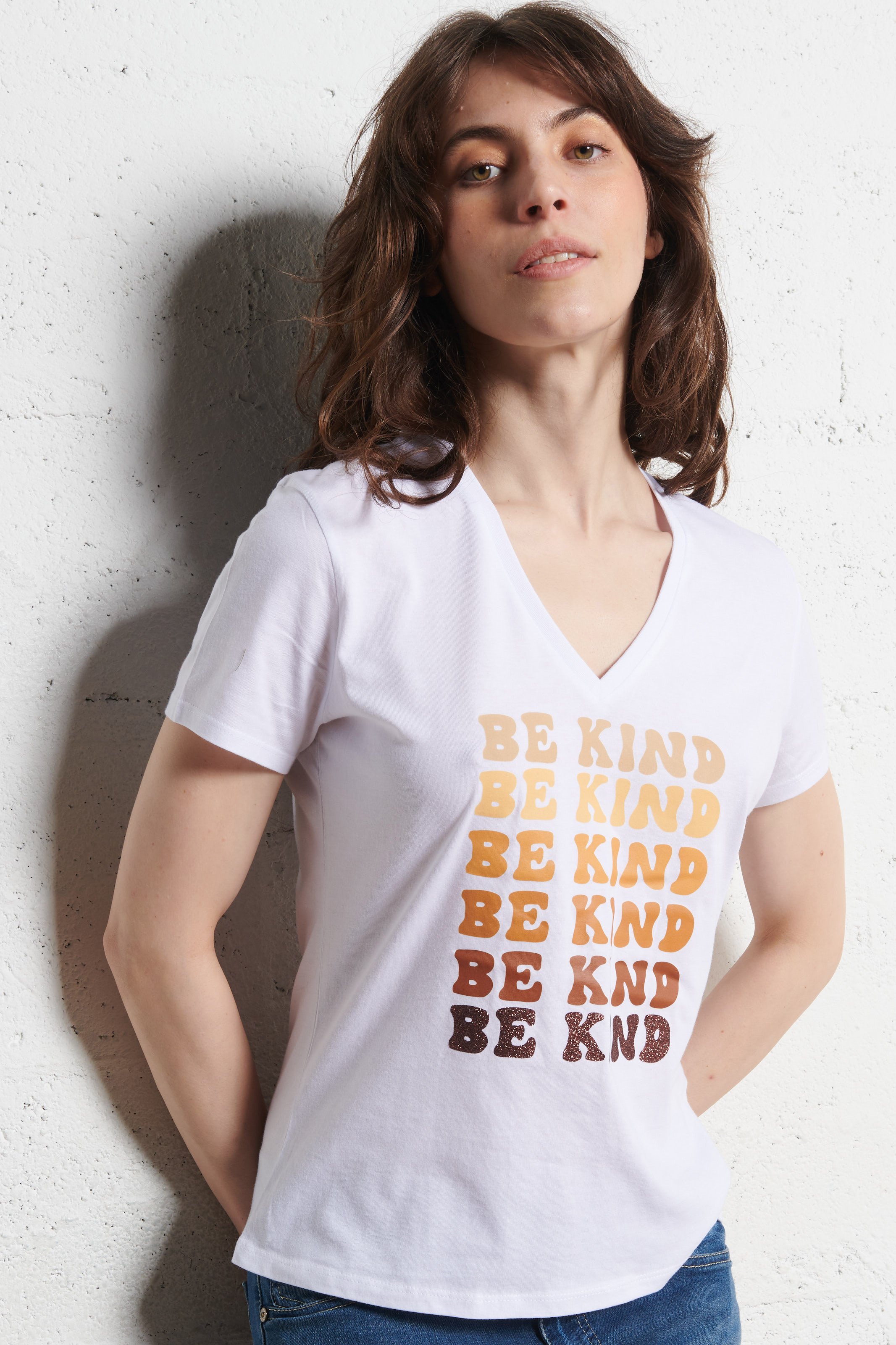 Tee-shirt col V sérigraphié en coton PLEASE Blanc