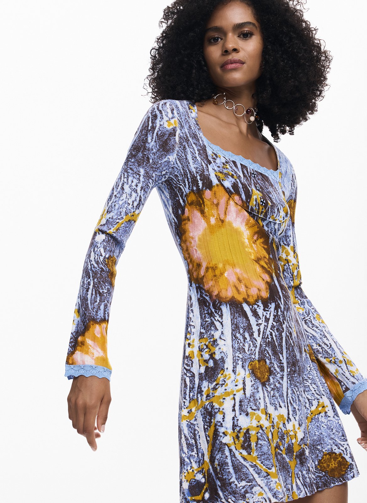 Robe courte col carré en coton DESIGUAL Bleu