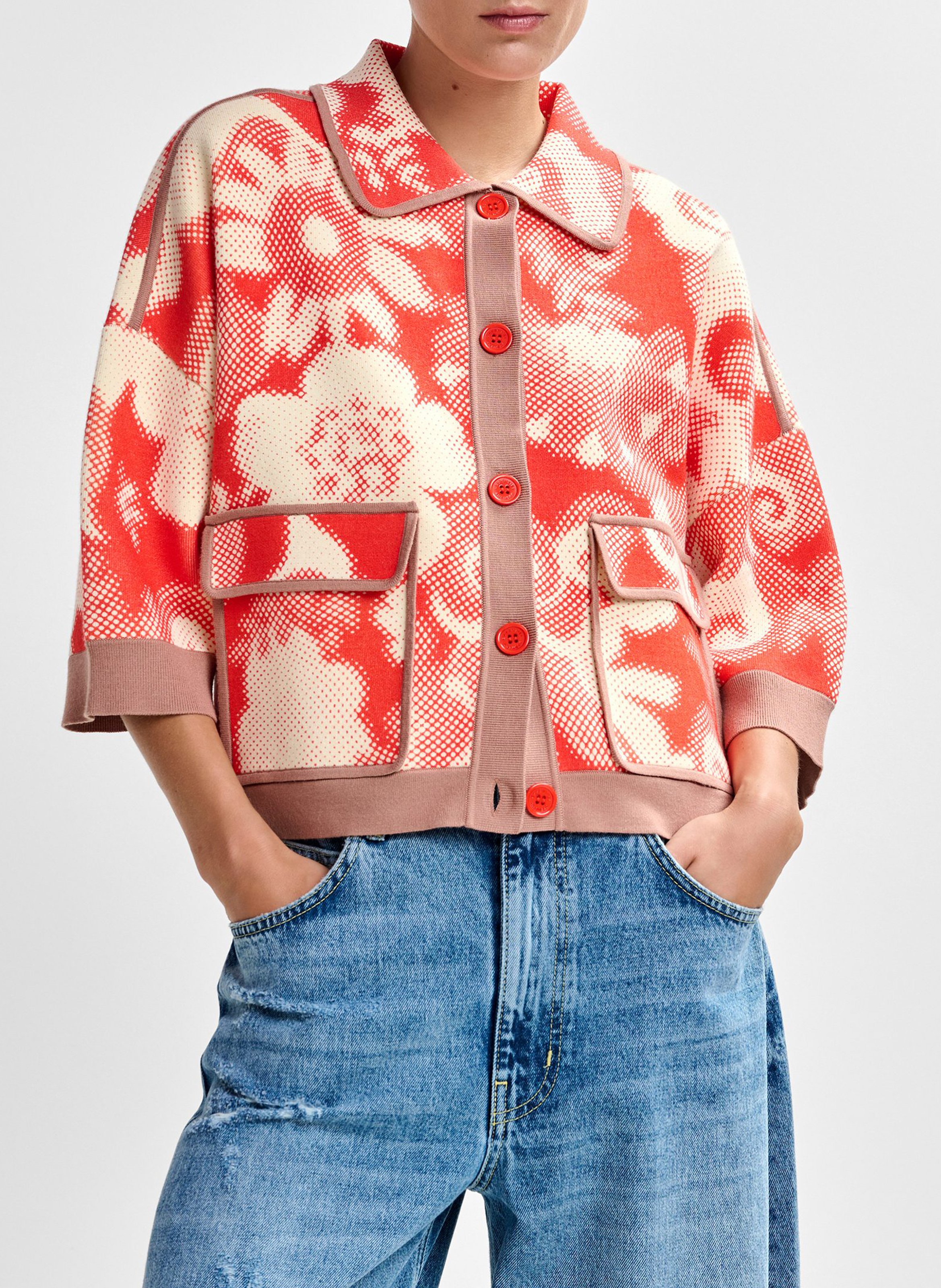 Floral oversized cardigan with 3/4 sleeves ESSENTIEL ANTWERP Red