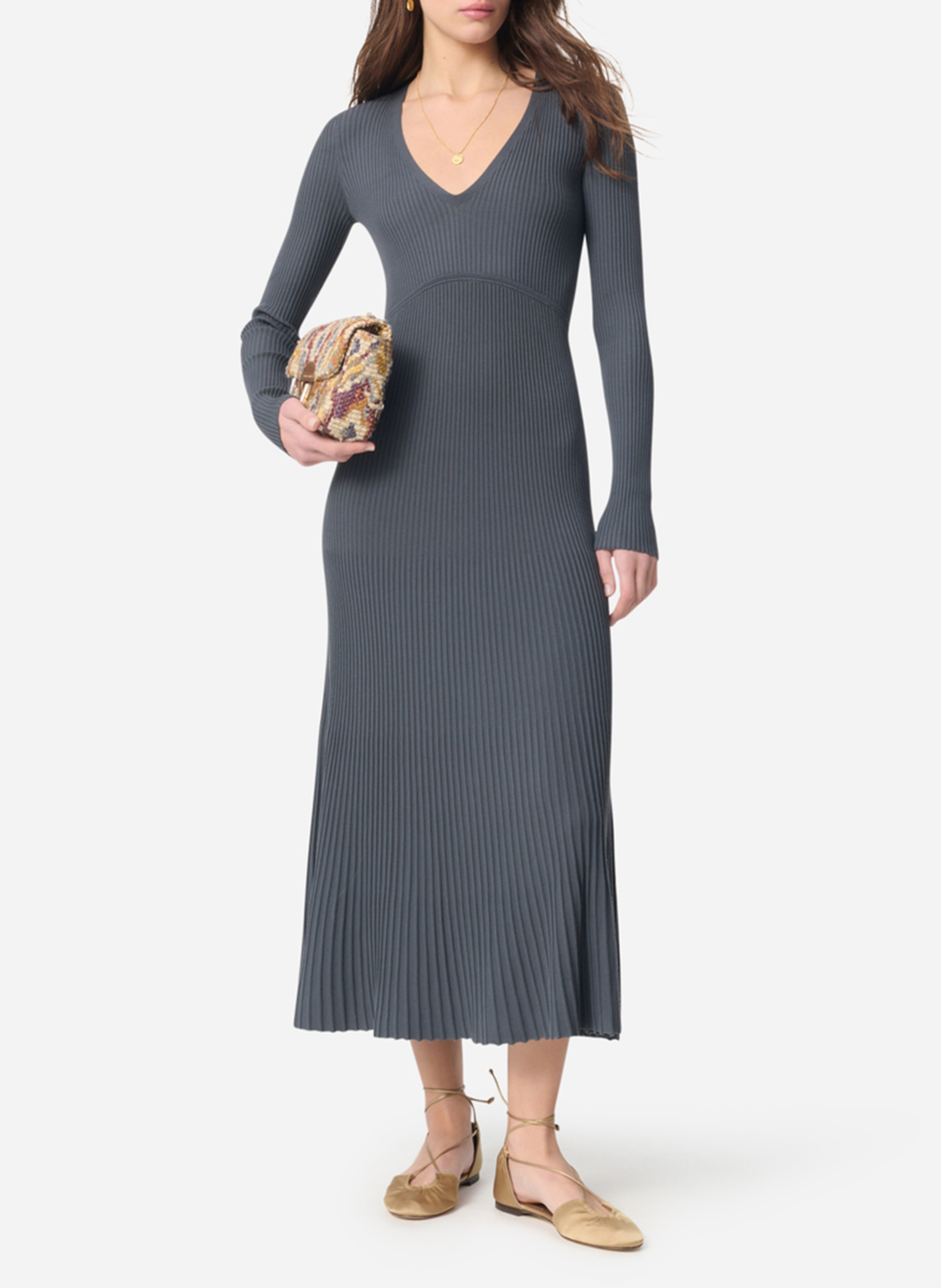 Jurk met V-hals en aansluitende pasvorm in gebreide stof VANESSA BRUNO Grijs