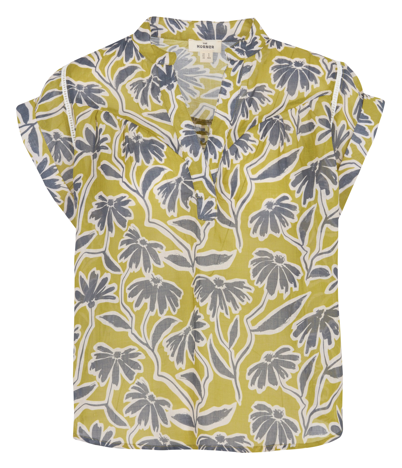 Short-sleeved top with Tunisian collar and print THE KORNER Khaki