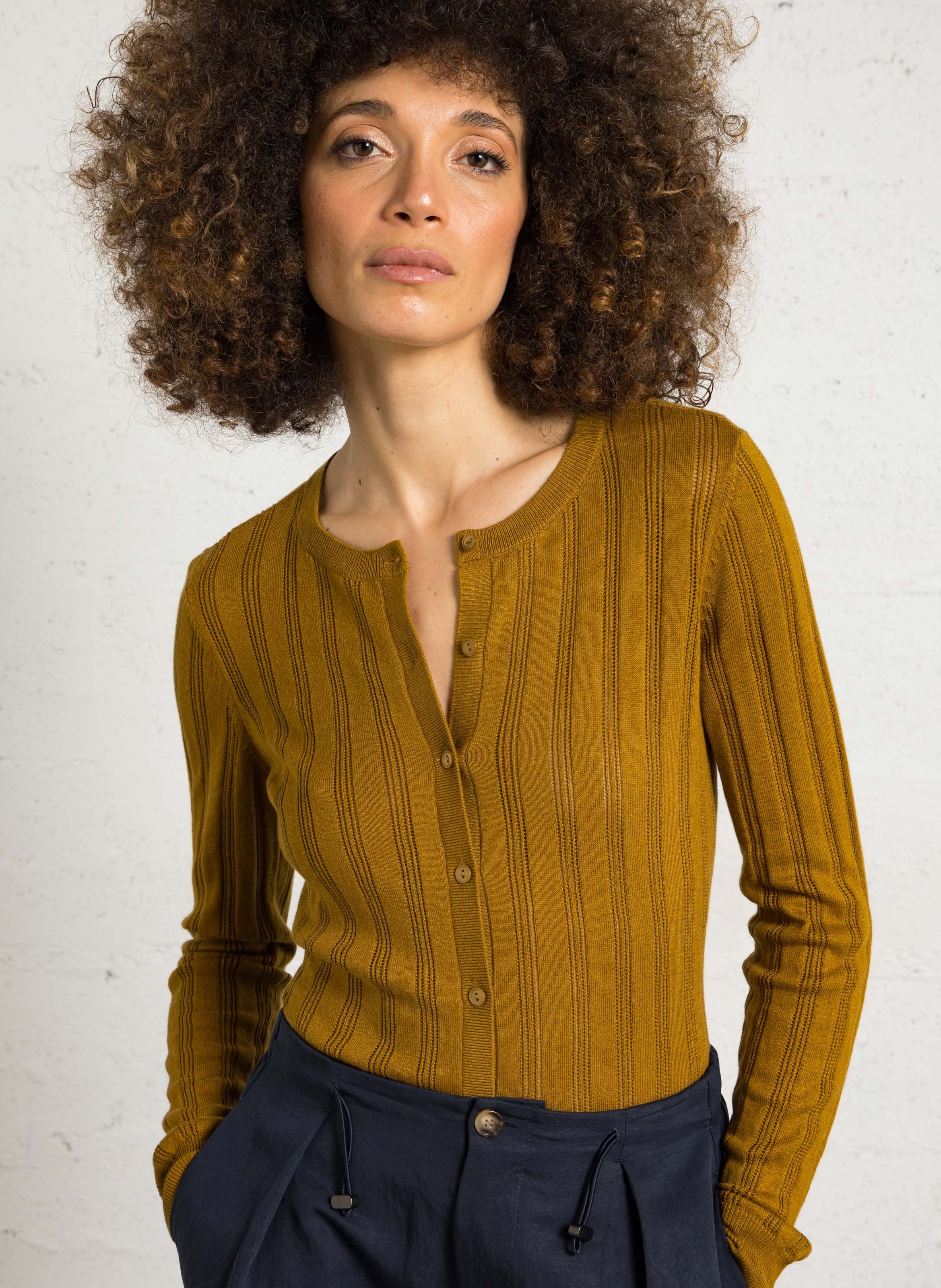 Round-neck straight cotton blend cardigan DES PETITS HAUTS Golden