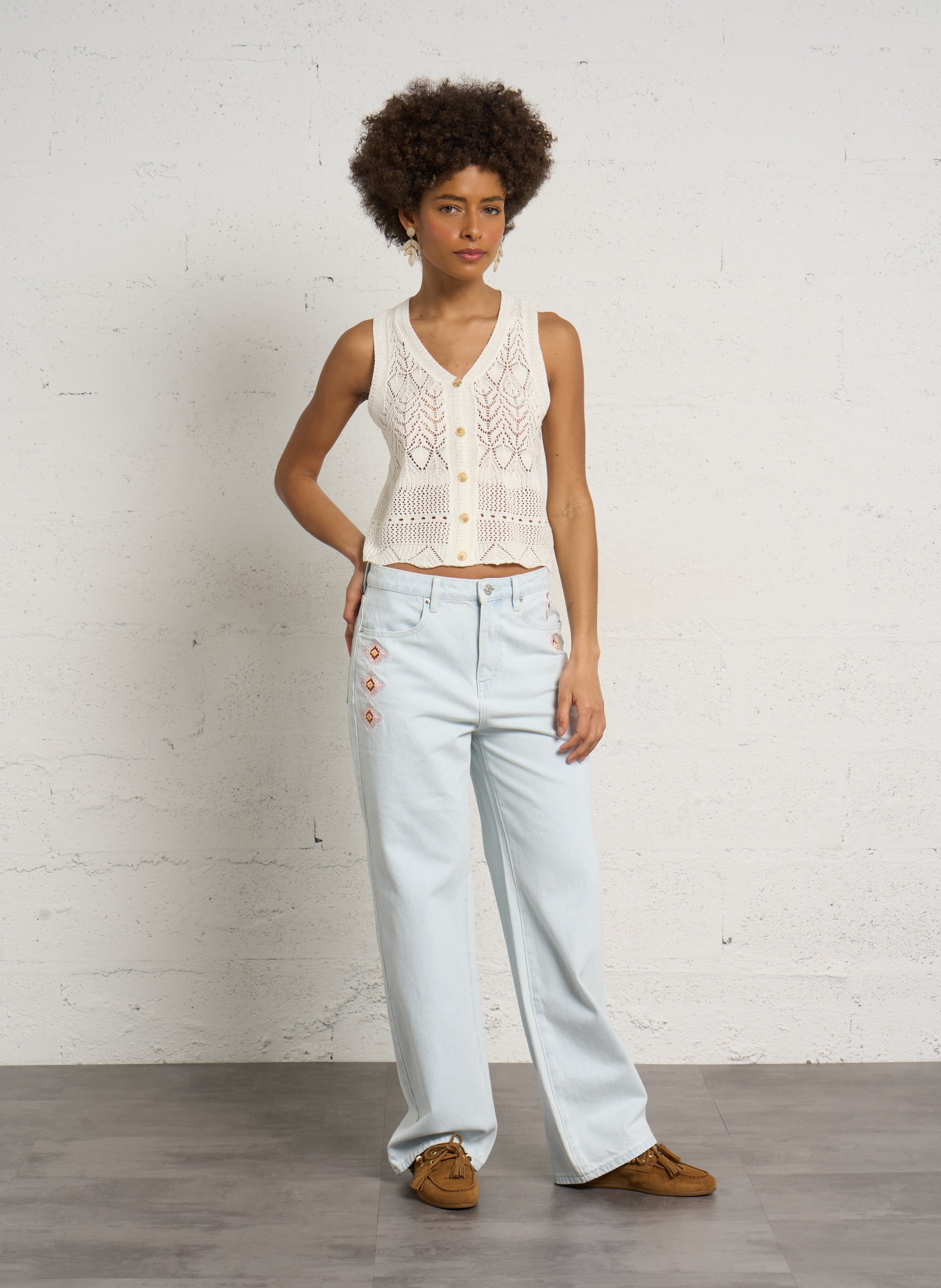 Top sans manches col V en crochet SEE U SOON Blanc