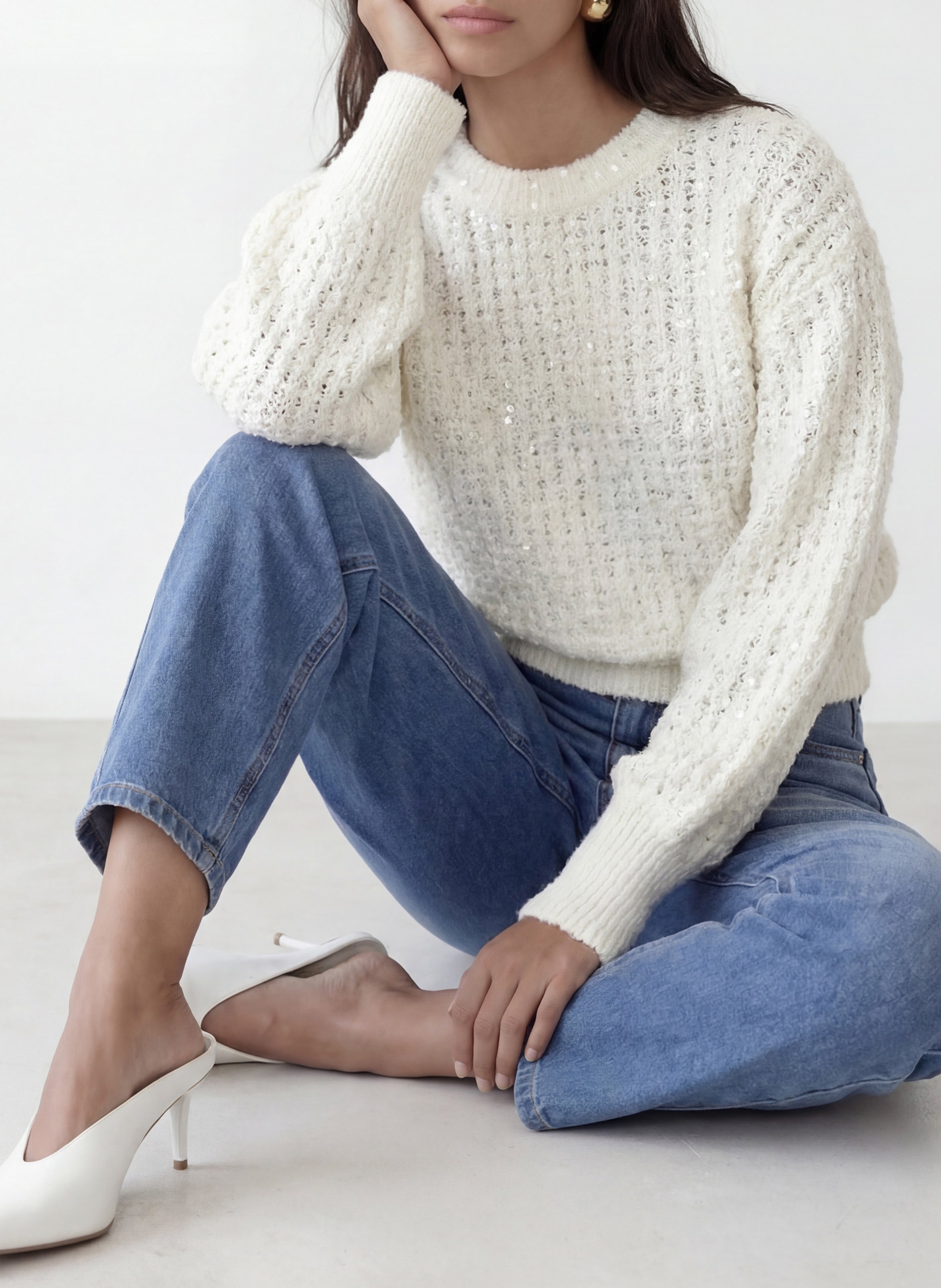 Pull ample col rond à sequins en maille ajourée KOOKAI Blanc