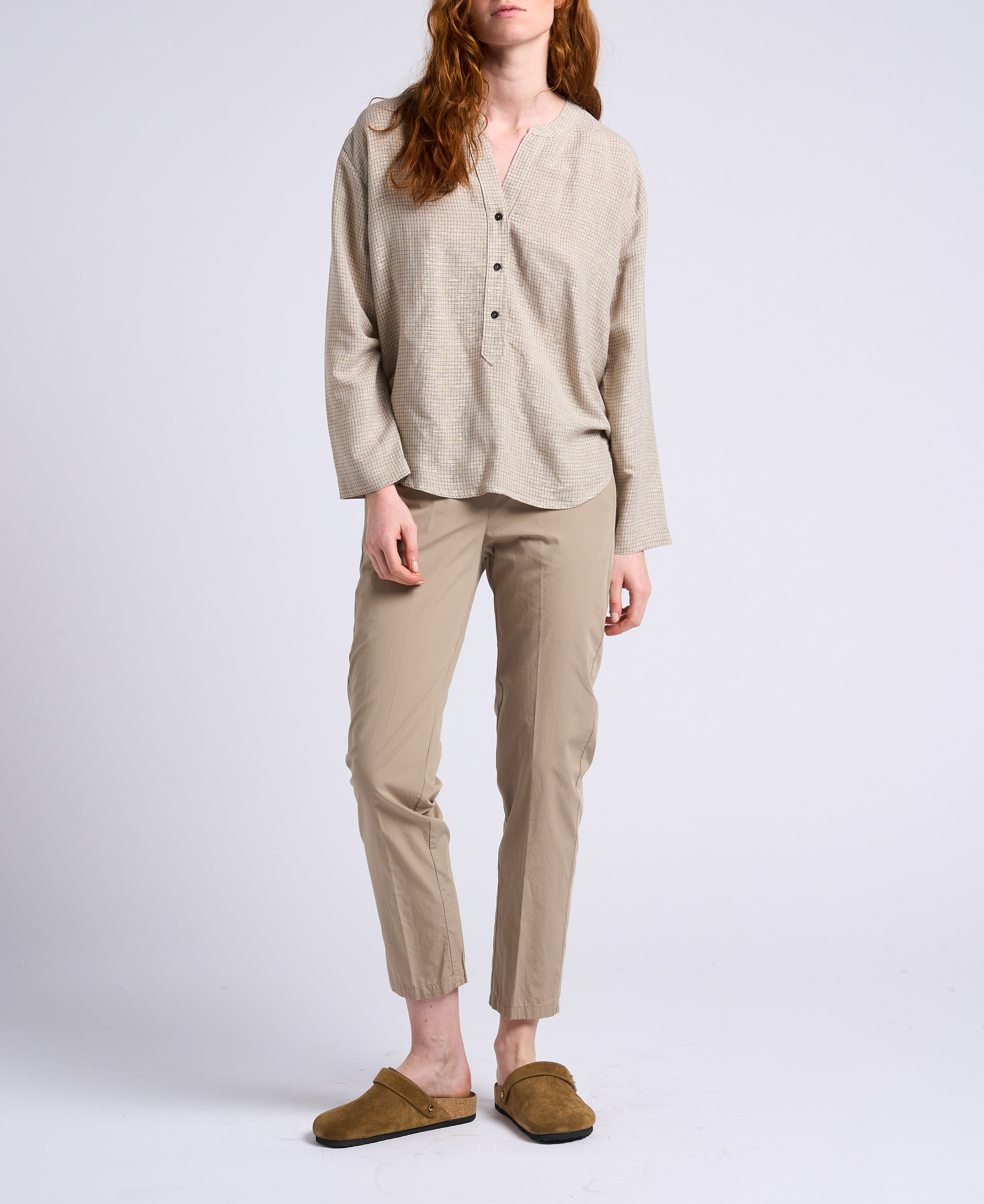 Blouse col V à carreaux en coton DIEGA Doré