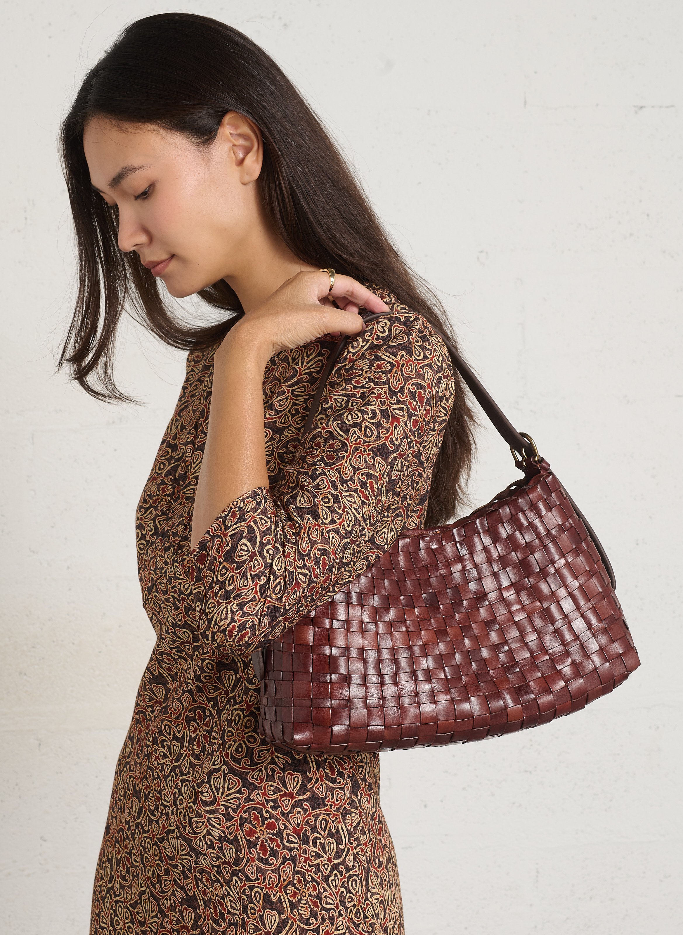 Sac porté épaule en cuir tressé DRAGON DIFFUSION Marron