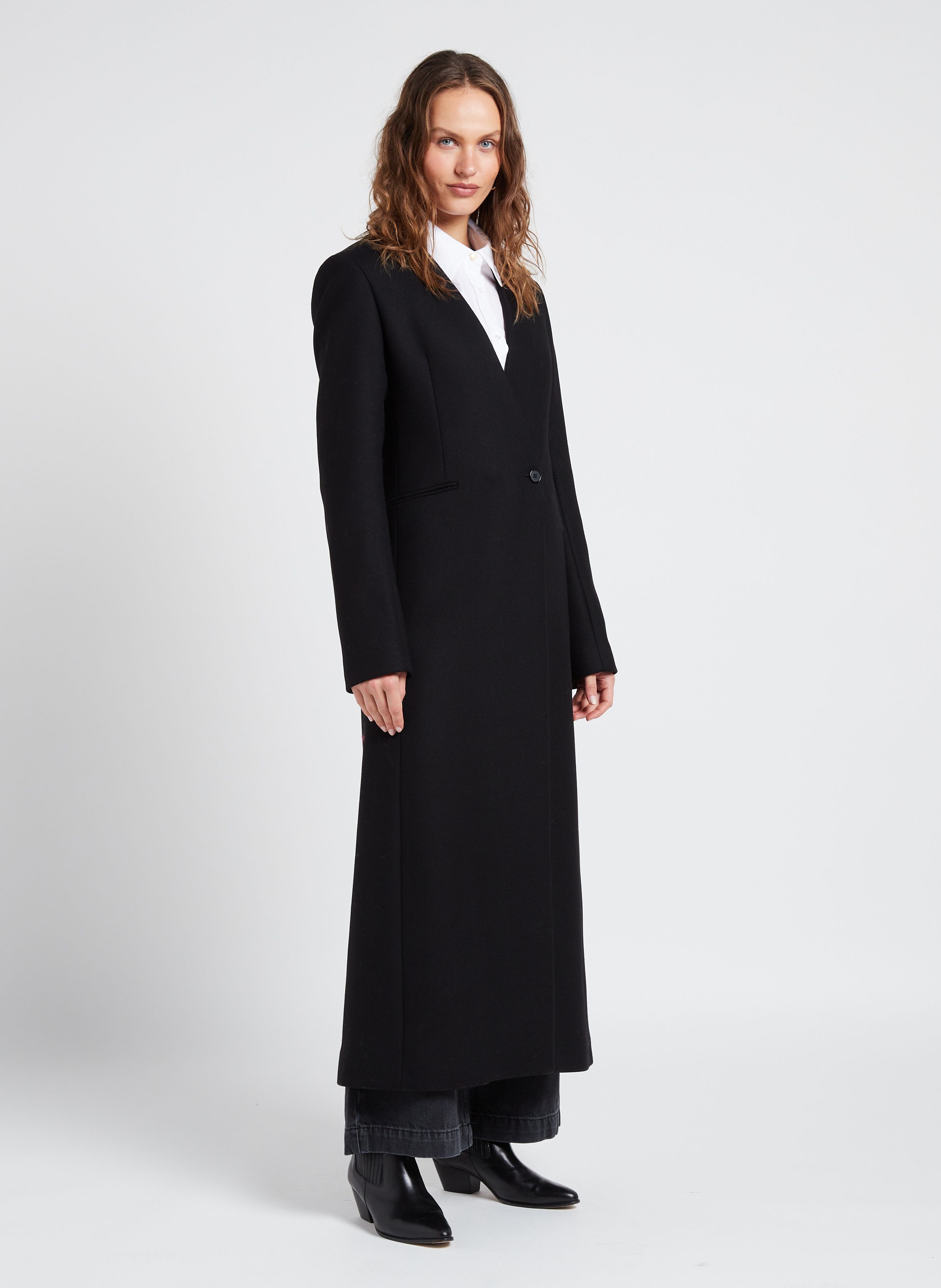 Black Wool-blend V-neck coat