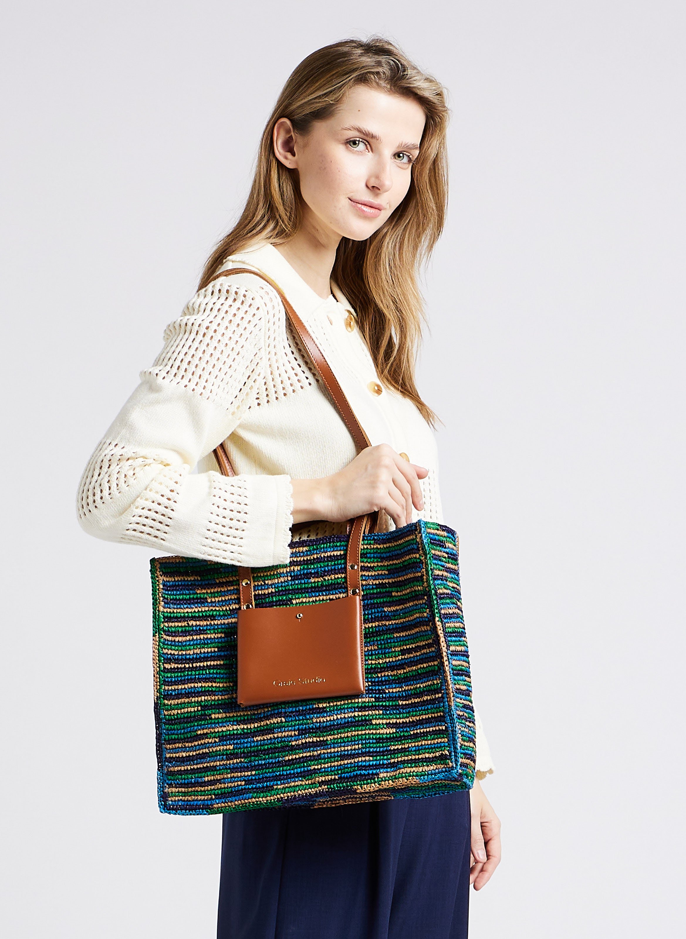 Leather and raffia tote bag CRAIE STUDIO Blue