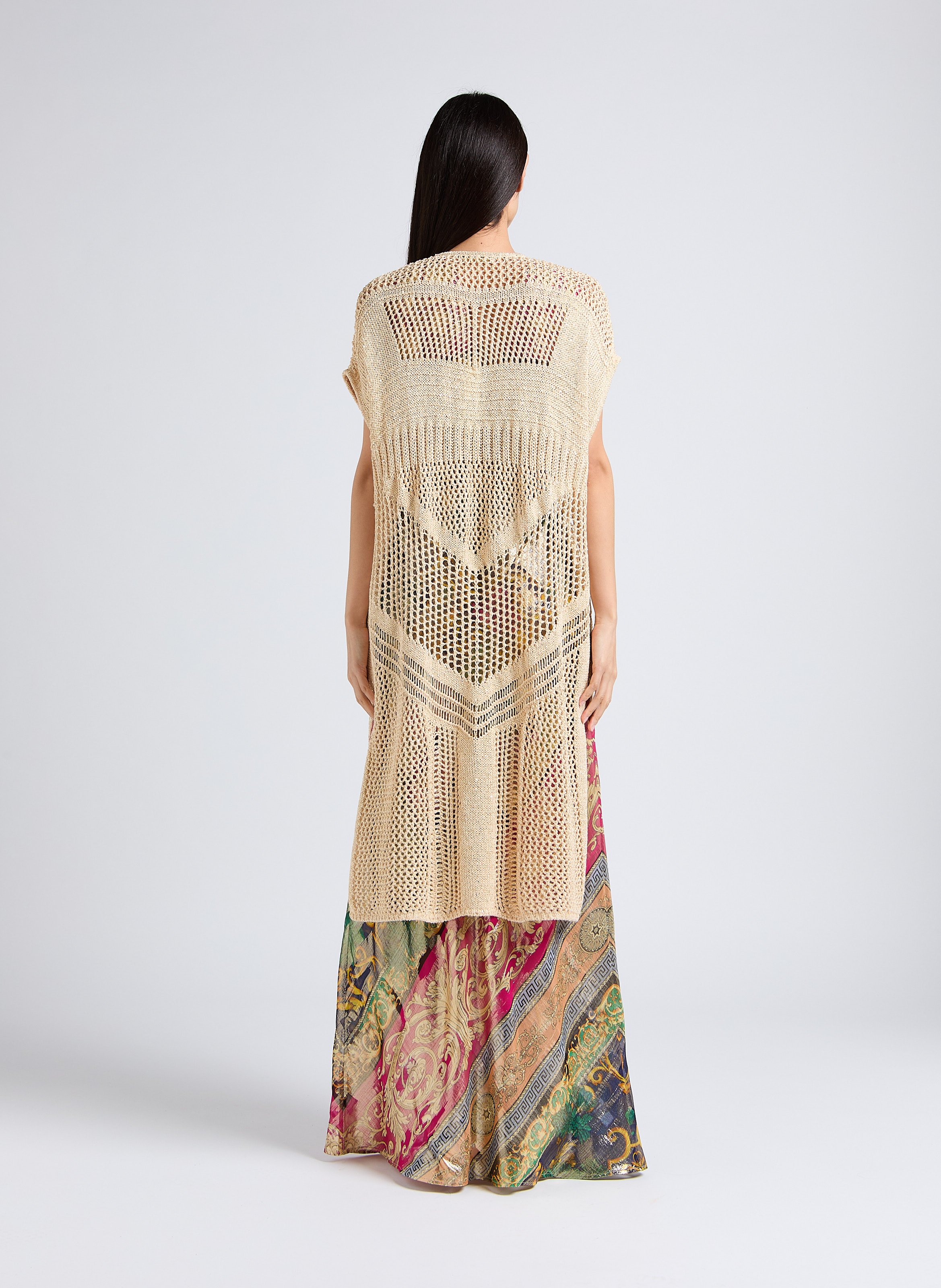 Open, gebreid vest met ajourmotief en lovertjes Goudkleurig