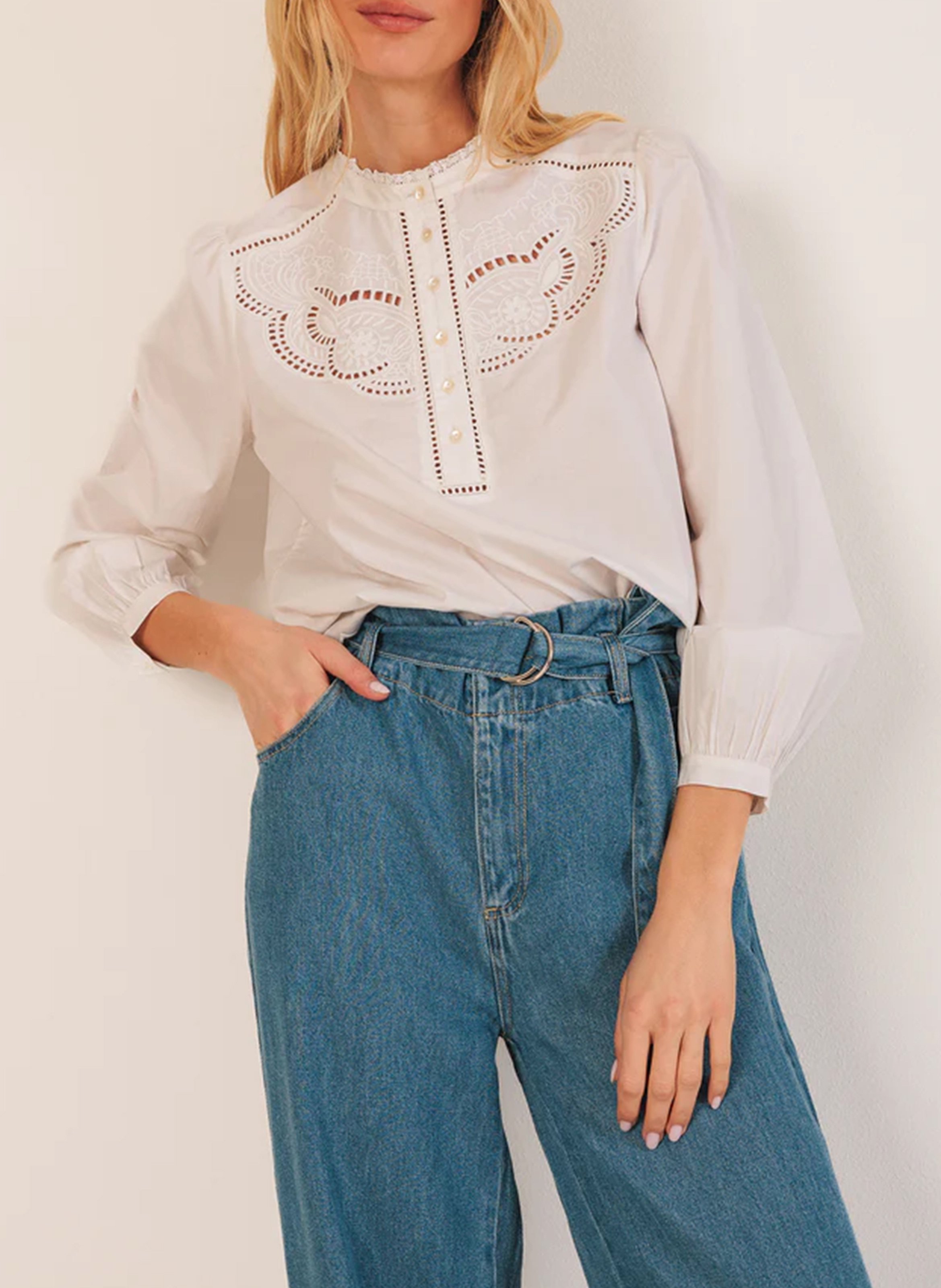 Baumwollbluse mit Rundhalsausschnitt INDI &amp; COLD Weiss