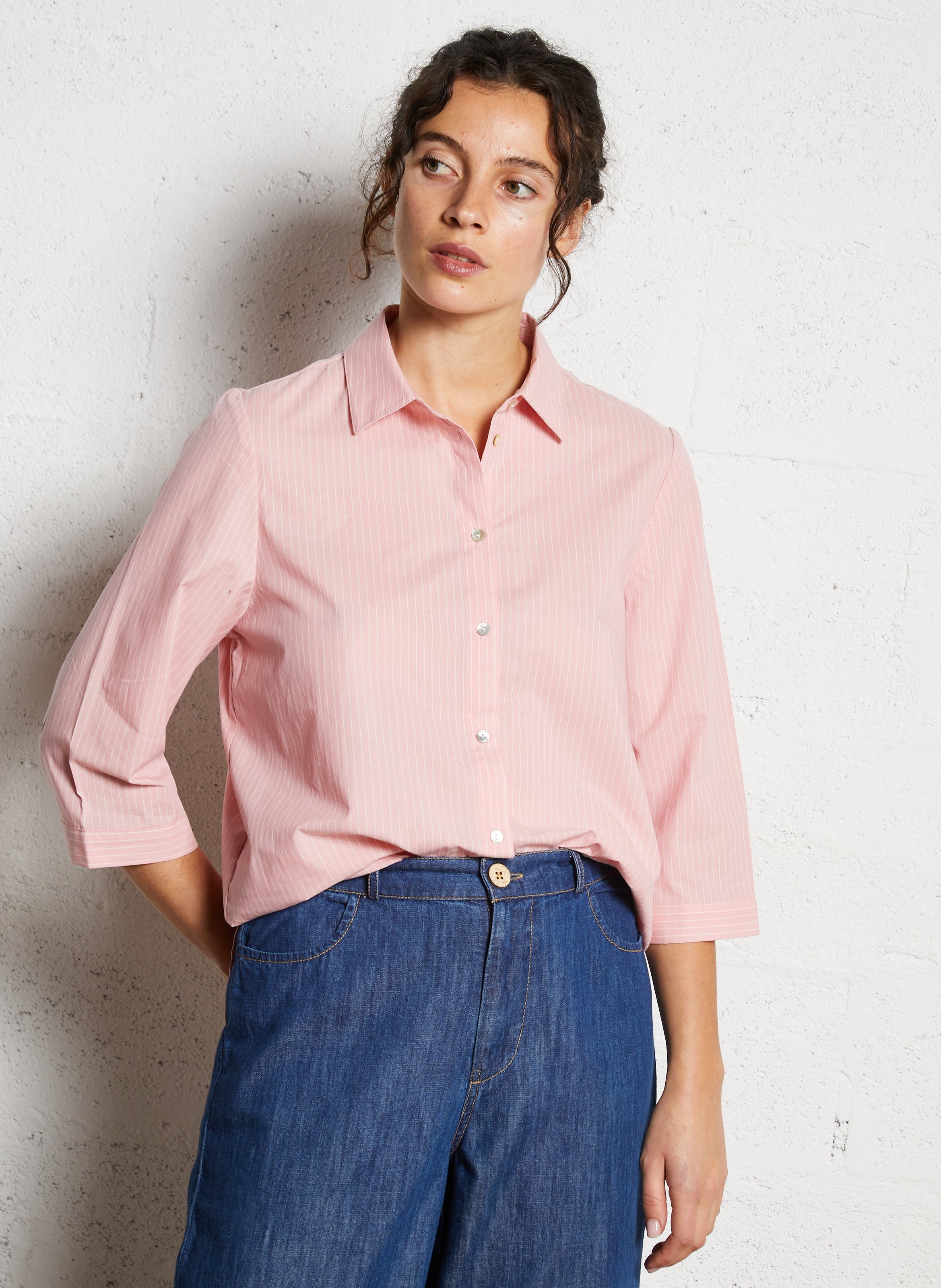 Chemise droite col classique en coton rayé NICE THINGS Rose