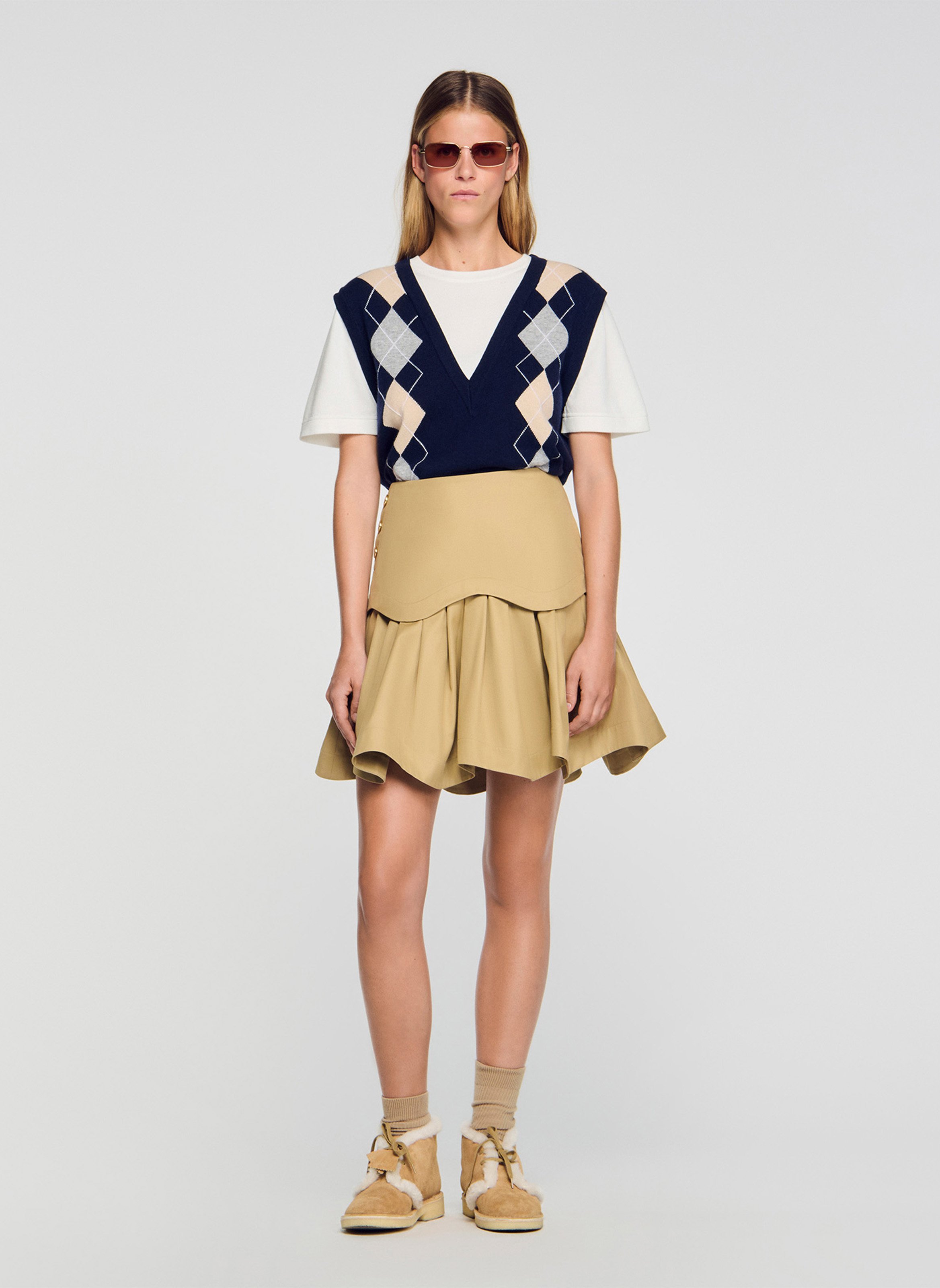 Jupe courte évasée en coton SANDRO Beige