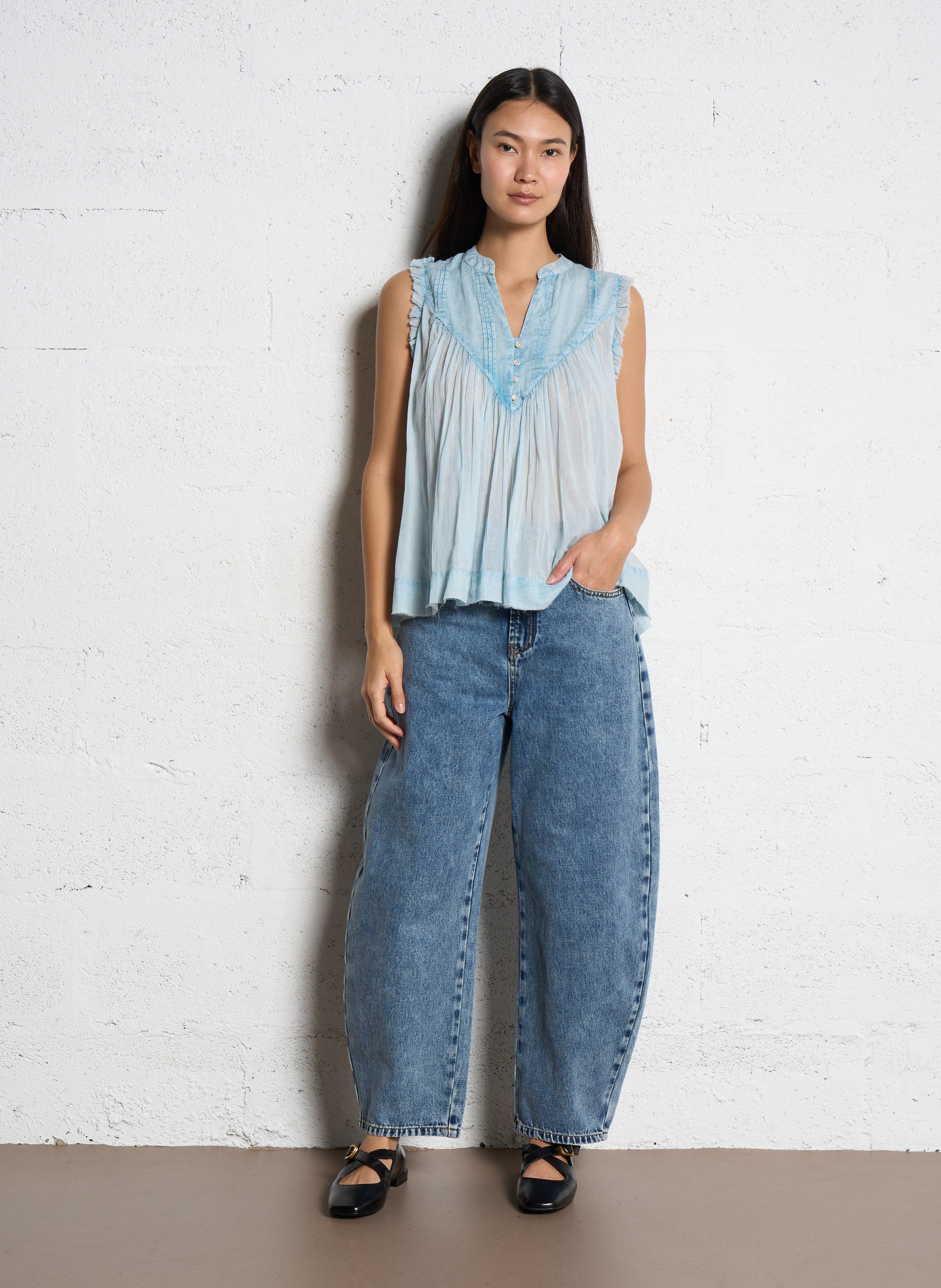 Top droit col V en coton SUNCOO Bleu