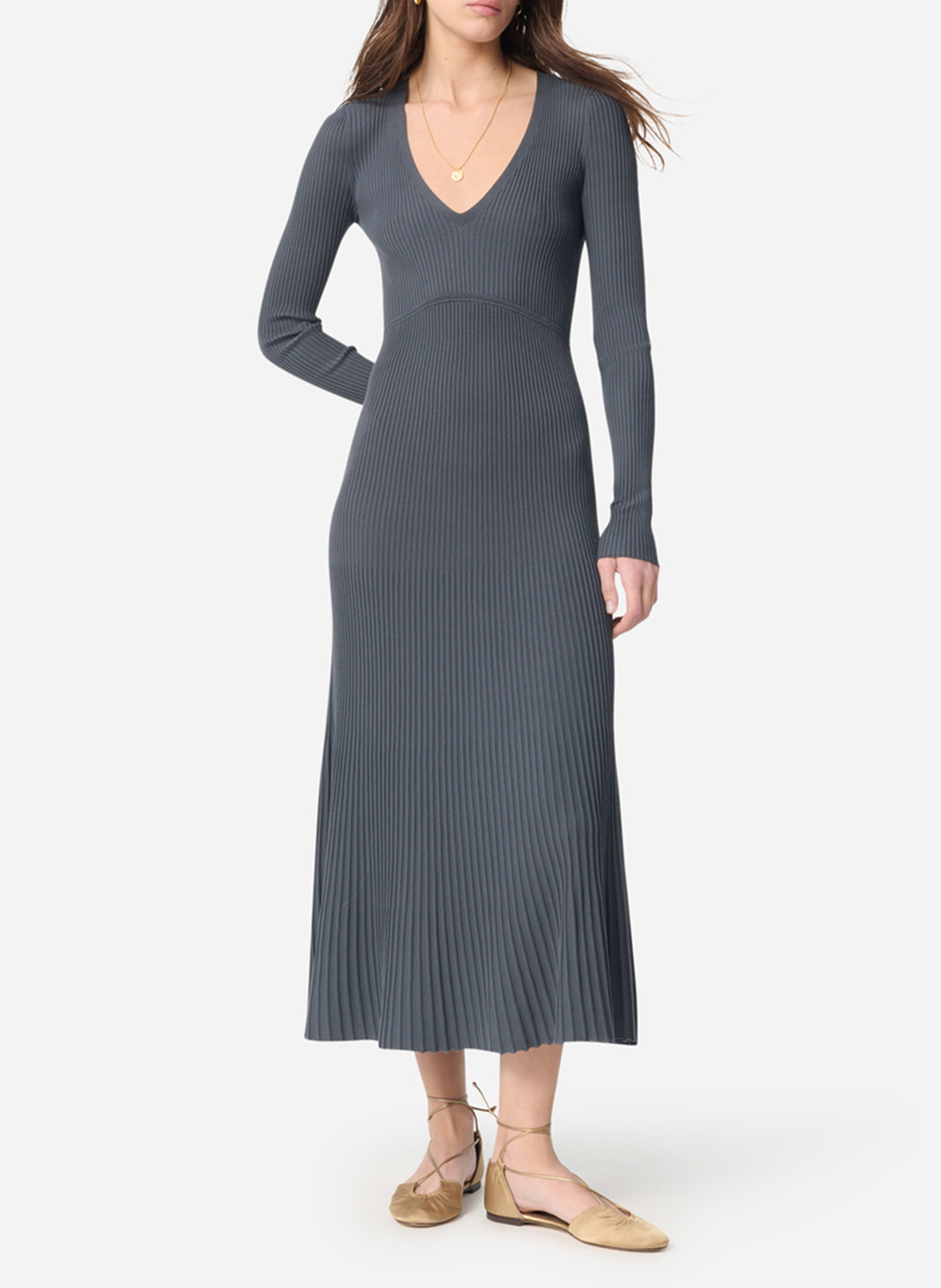 Jurk met V-hals en aansluitende pasvorm in gebreide stof VANESSA BRUNO Grijs