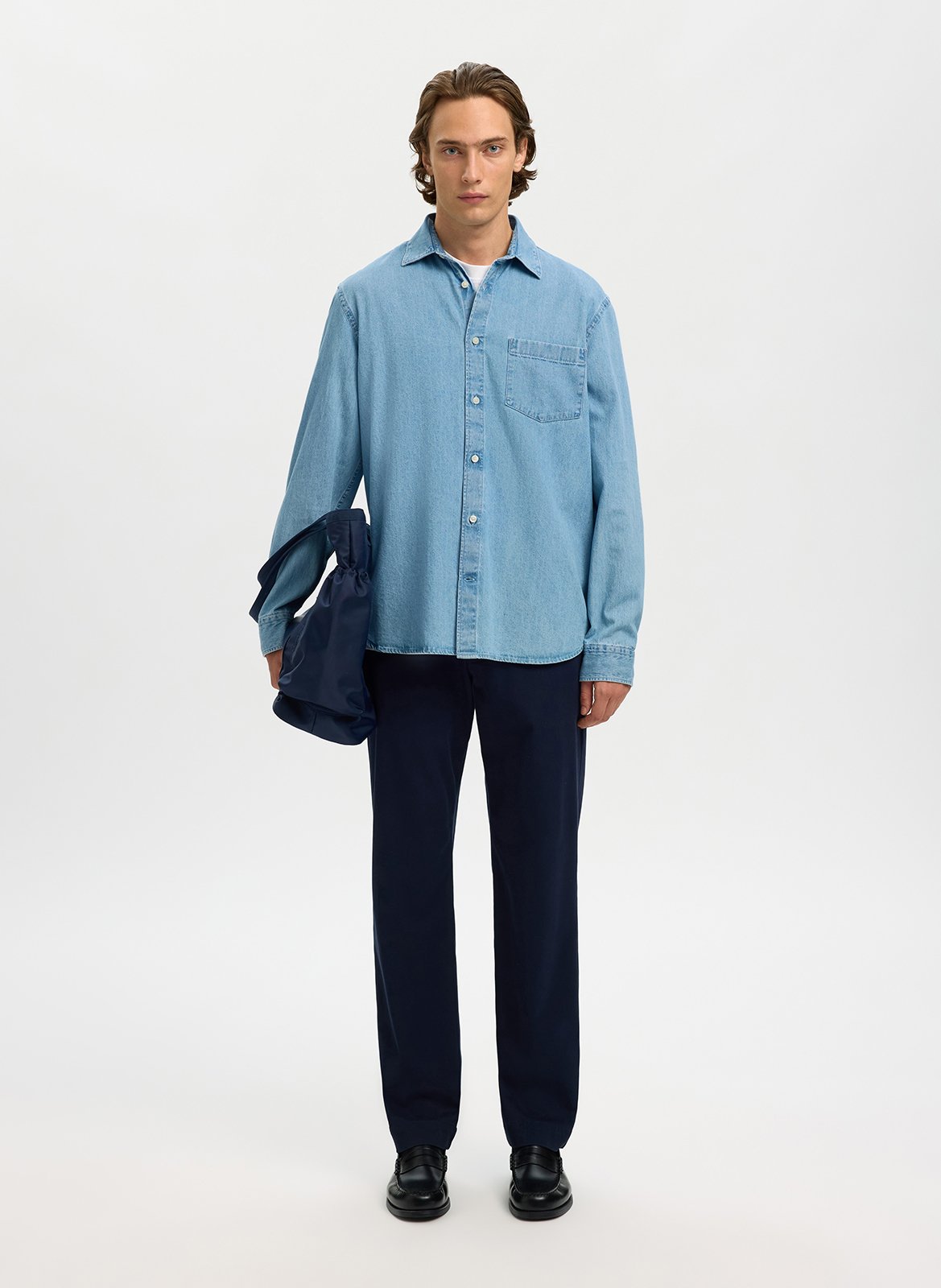Straight-cut organic cotton shirt with classic collar SELECTED Blue