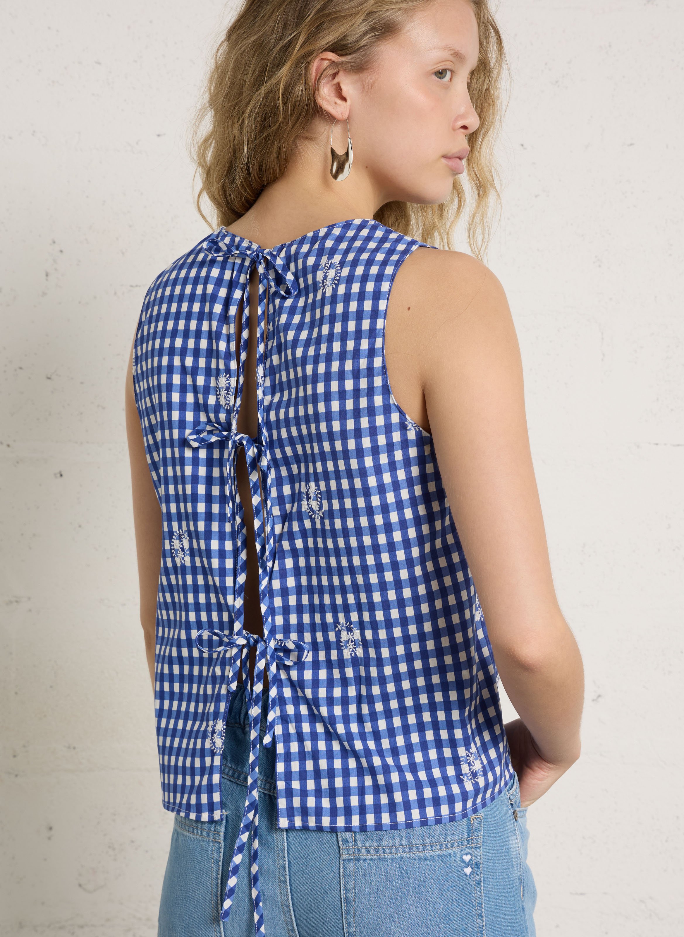 Sleeveless checkered cotton top THE KORNER Blue