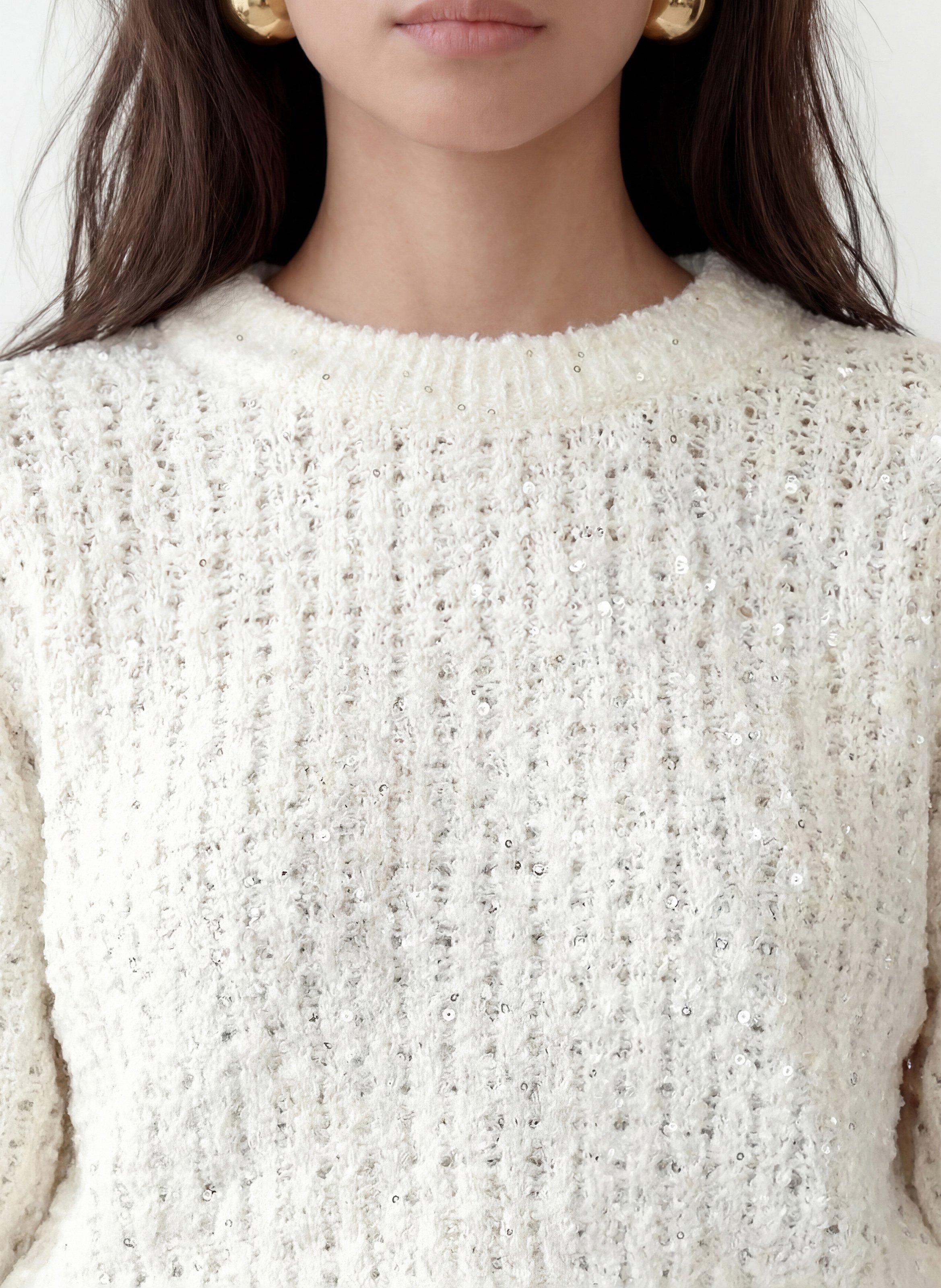 Pull ample col rond à sequins en maille ajourée KOOKAI Blanc