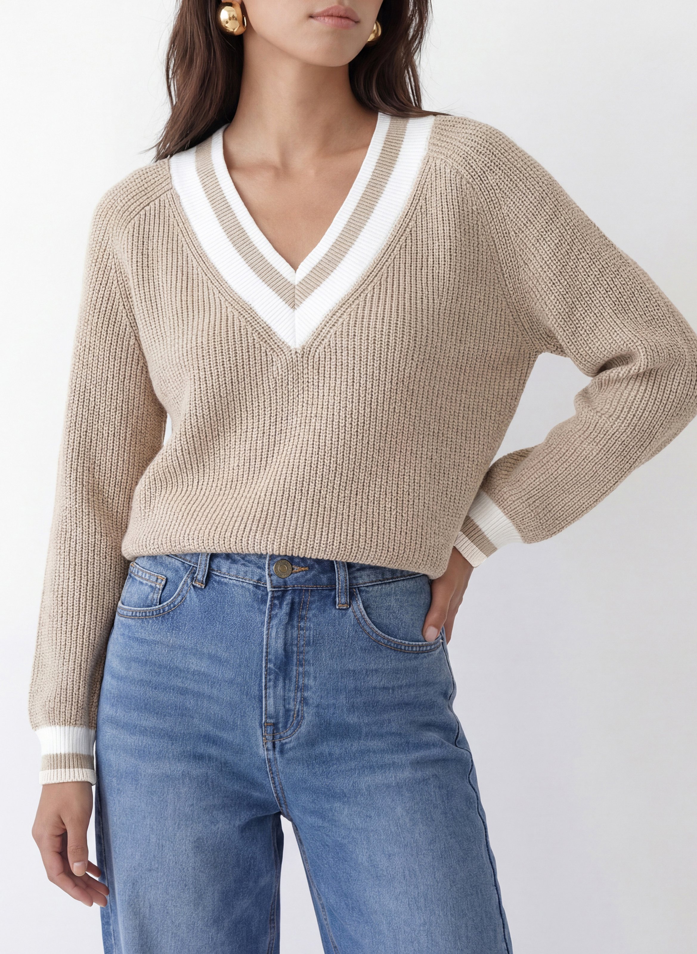 Weiter Strickpullover mit V-Ausschnitt KOOKAI Beige