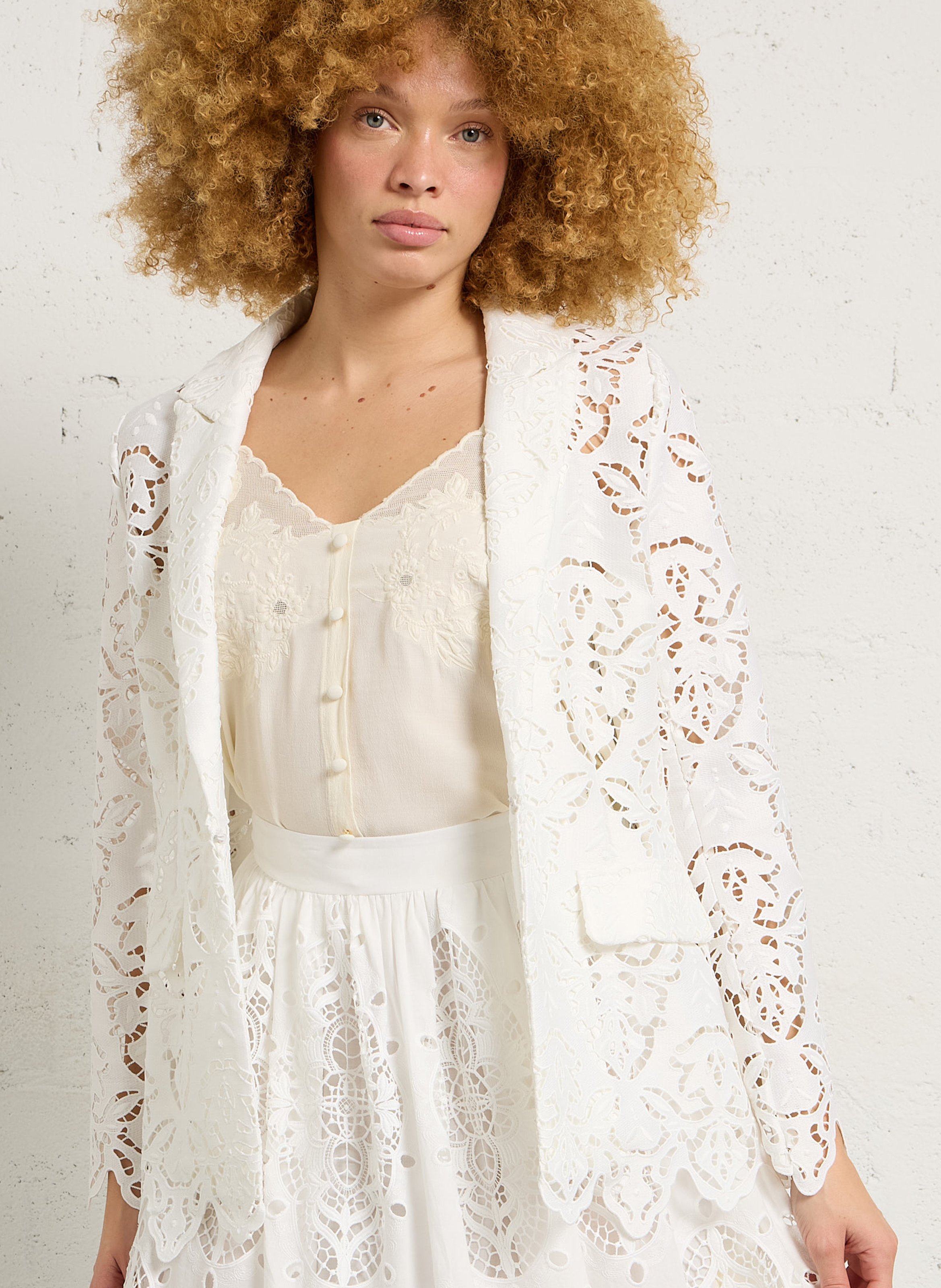 Tailored collar jacket in English embroidery BERENICE White