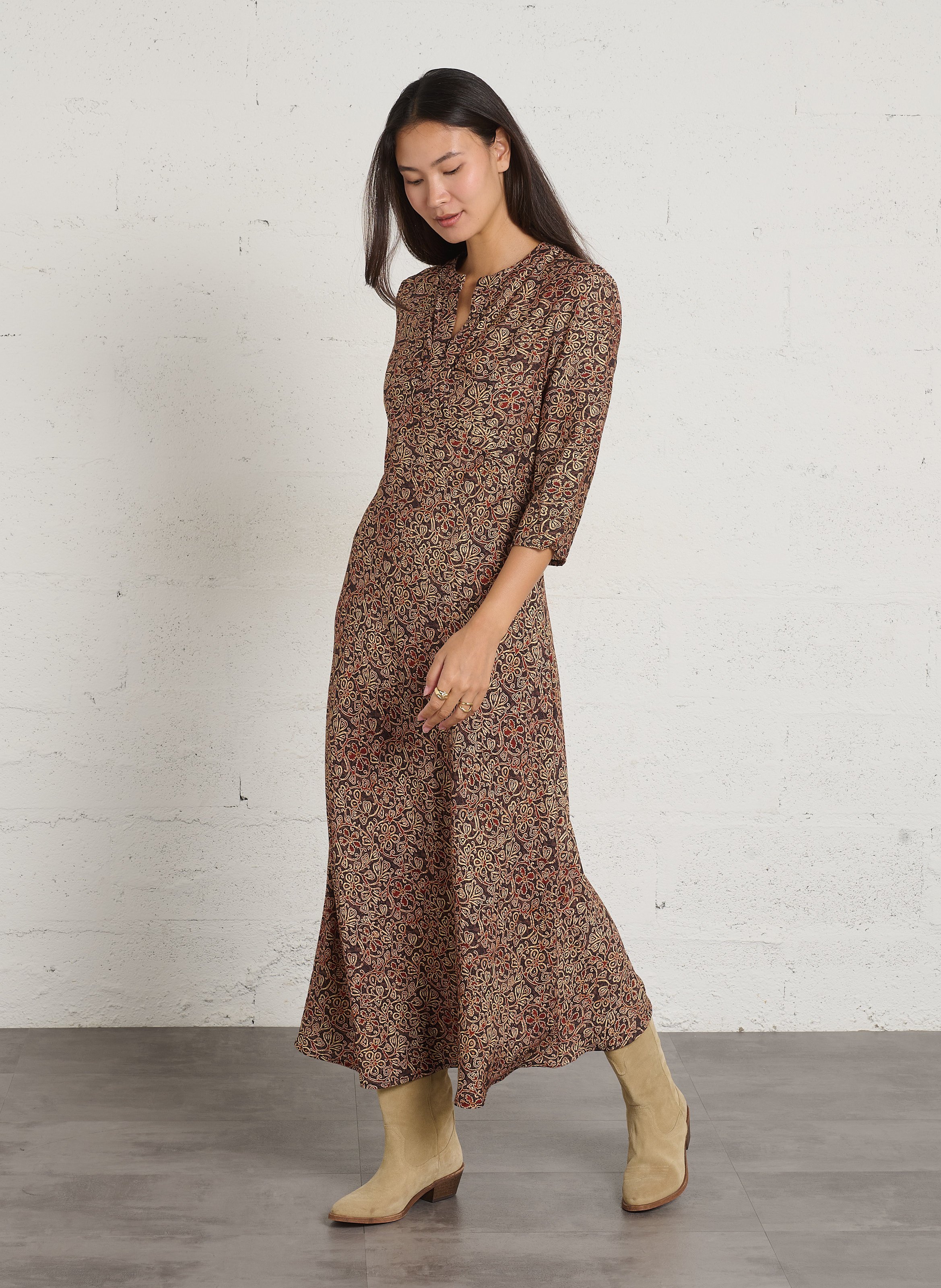 Robe longue imprimée manches 3/4  SEE U SOON Marron