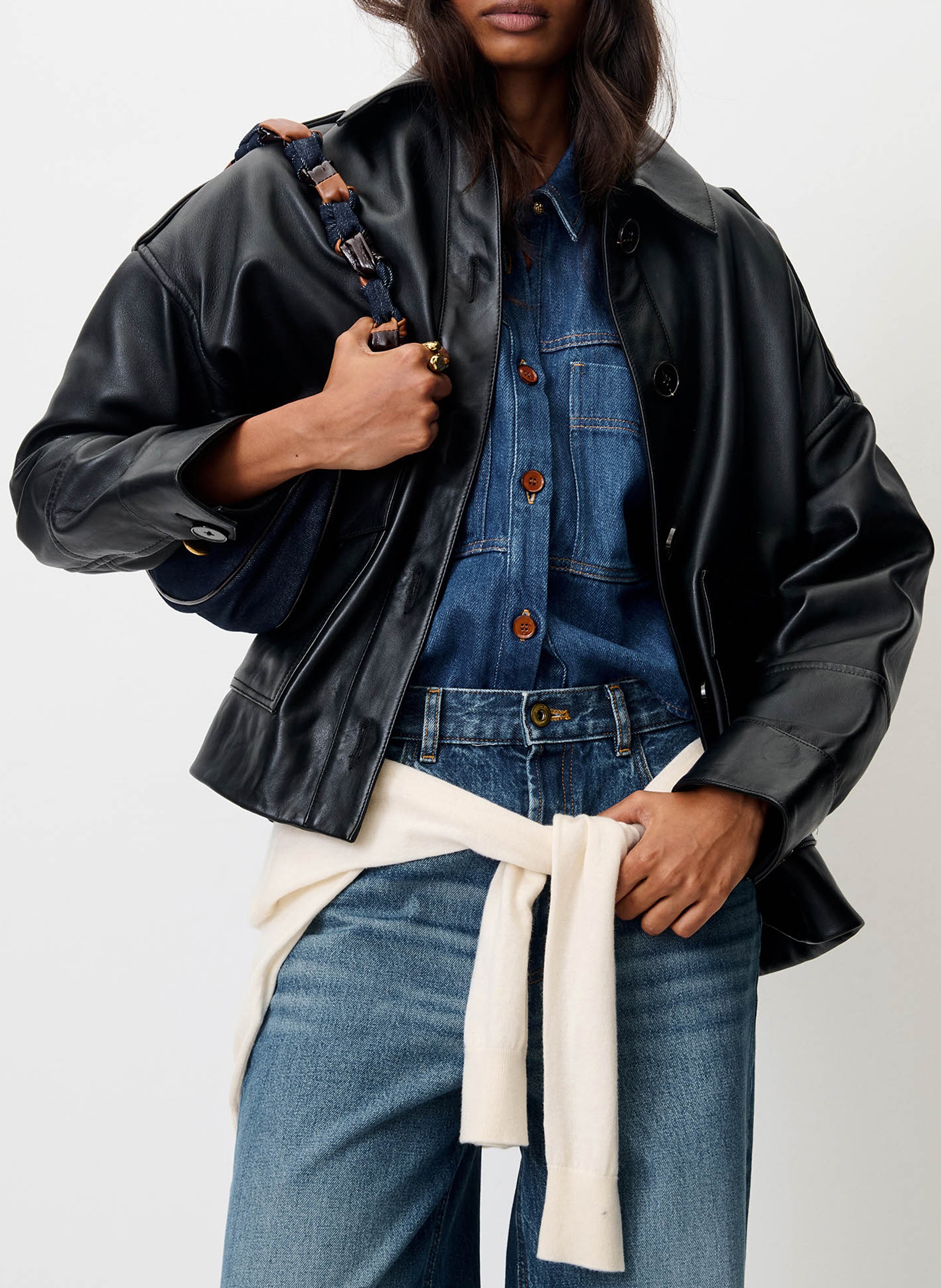 Weite Lederjacke mit Knöpfen | Schwarz SESSUN Damen