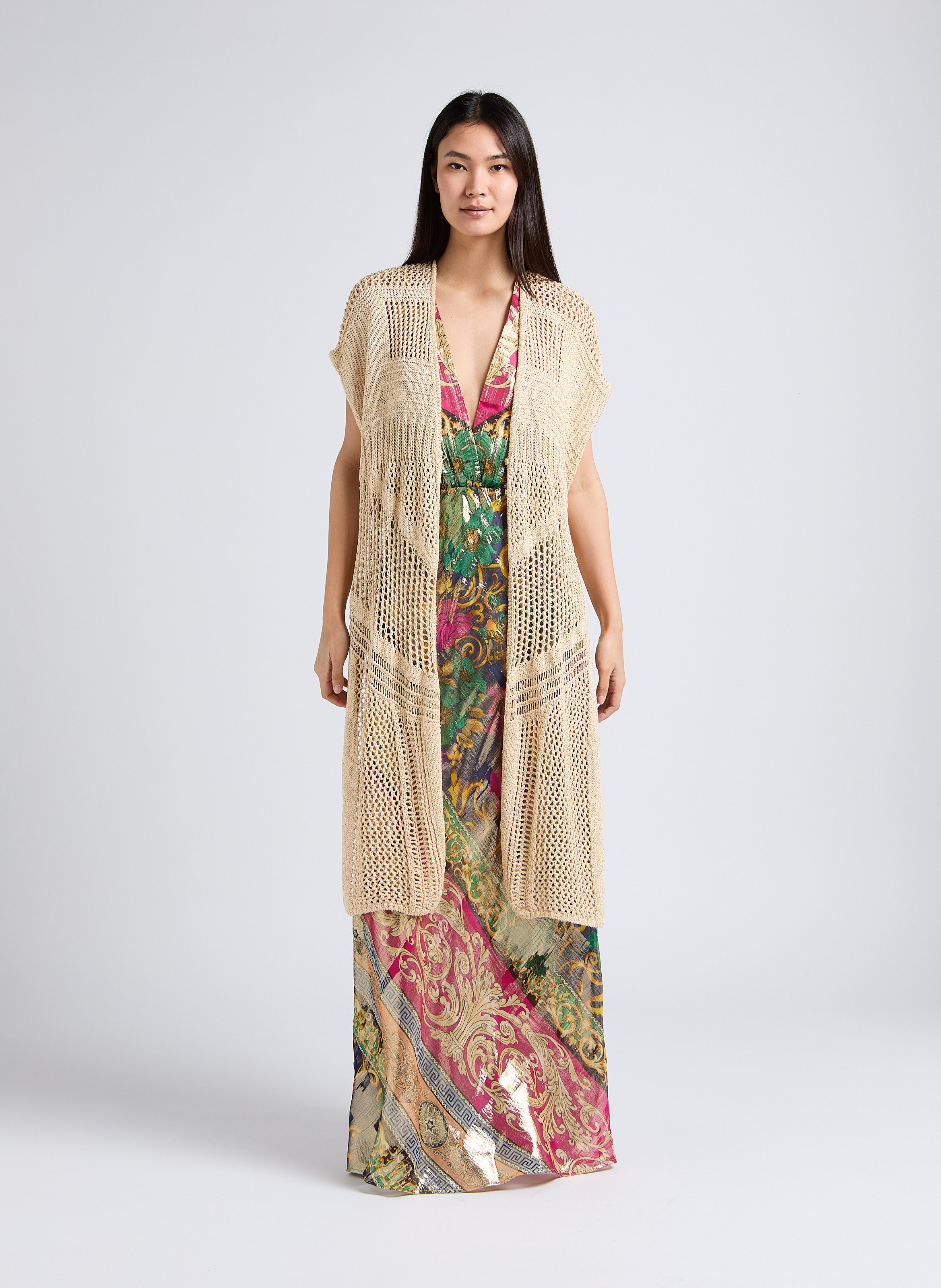 Open, gebreid vest met ajourmotief en lovertjes Goudkleurig