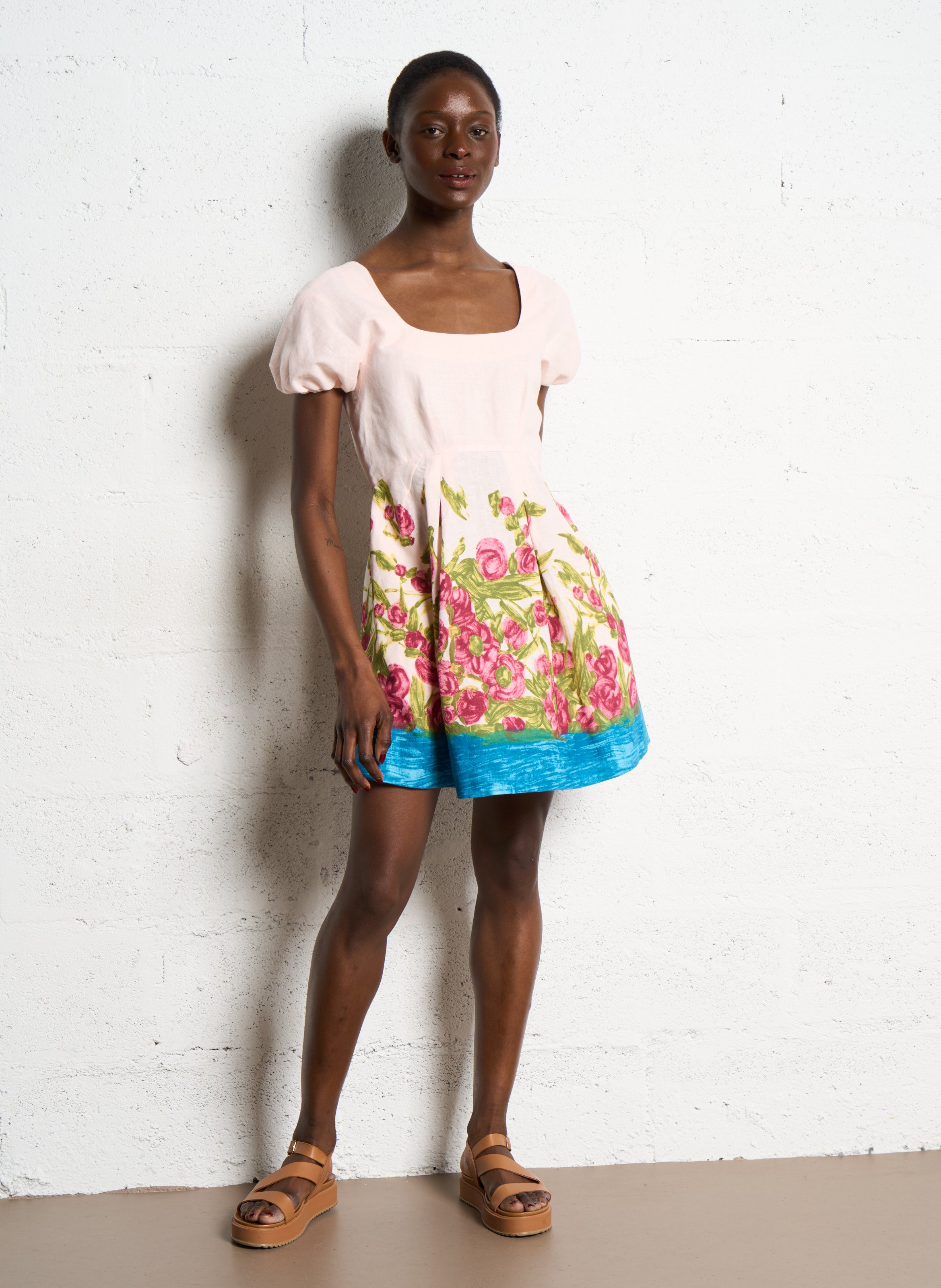 Robe courte à imprimé floral en lin et coton mélangés MAX MARA WEEK END Rose