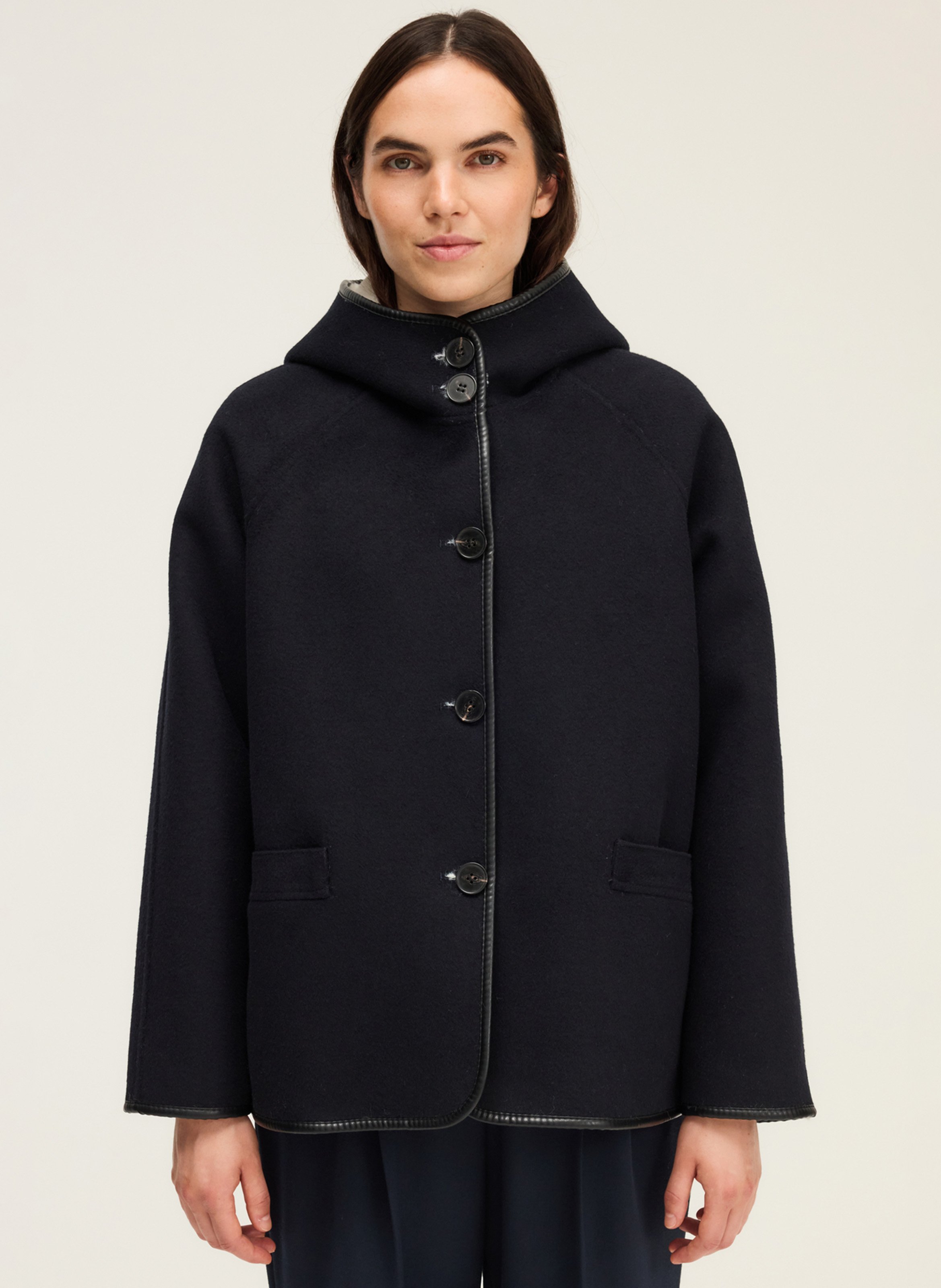 Manteau à capuche en laine mélangée Bleu