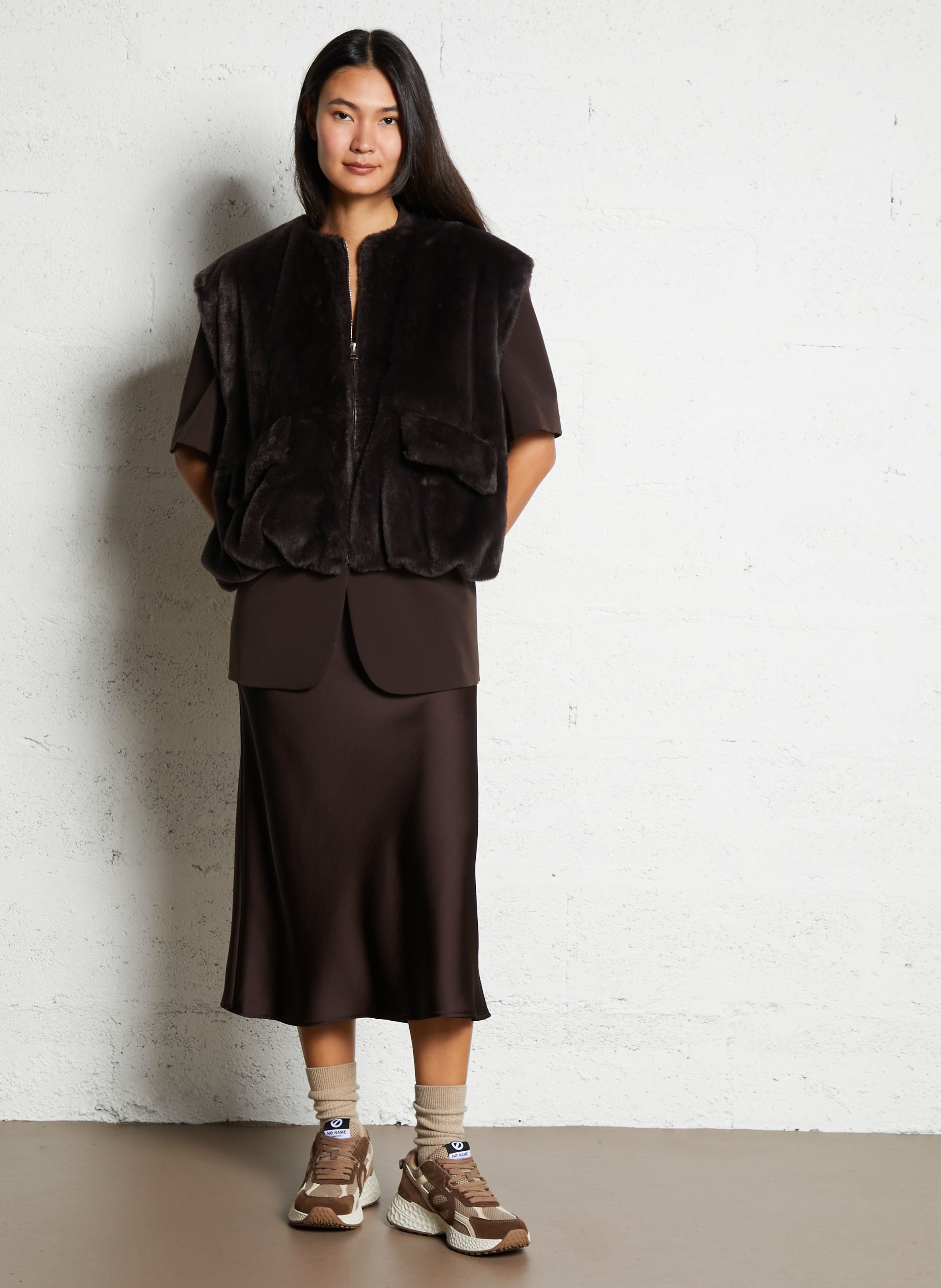 Gilet en fourrure synthétique col rond IMPERIAL Marron