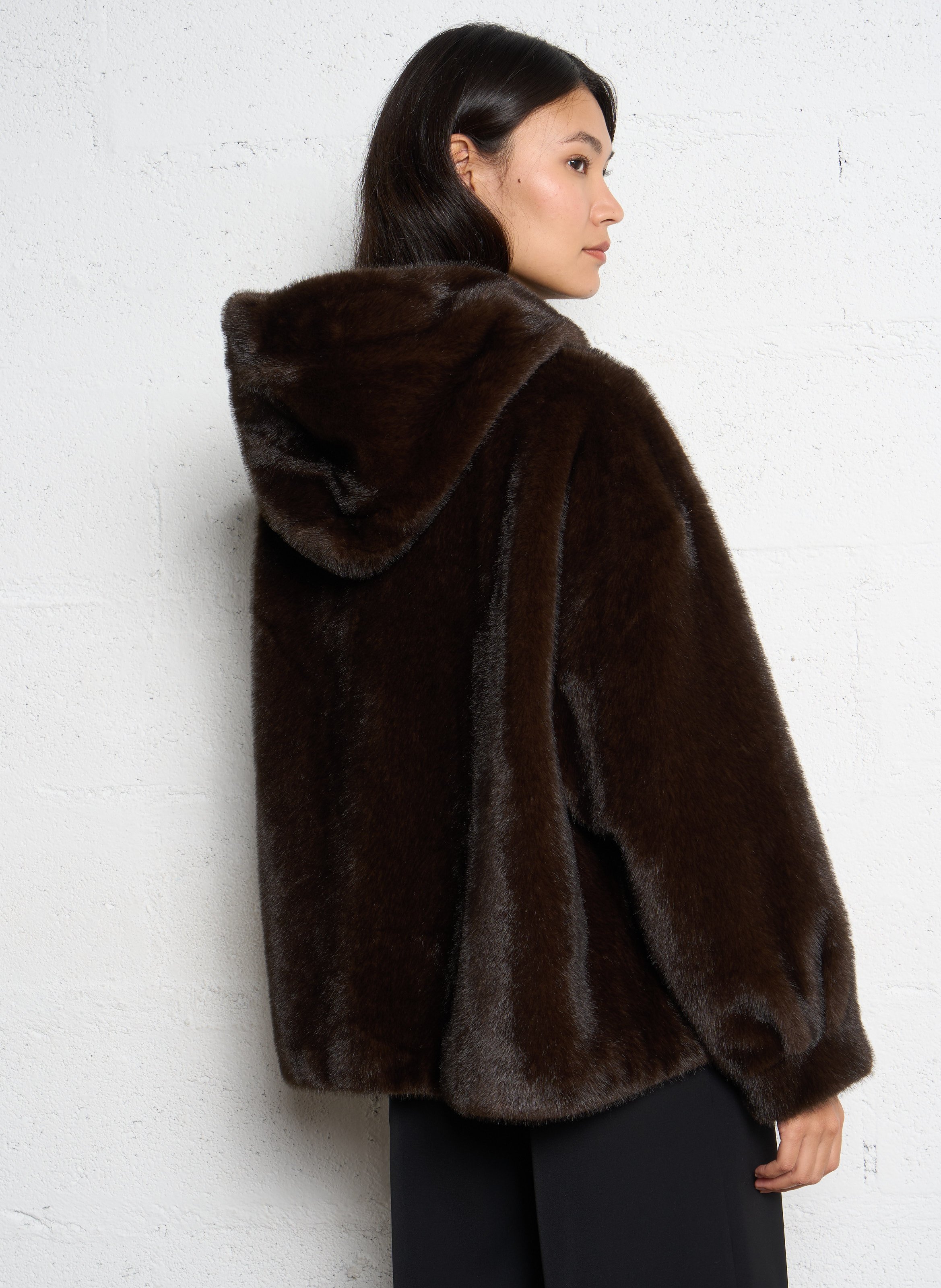 Coat with faux-fur hood PLEASE Brown