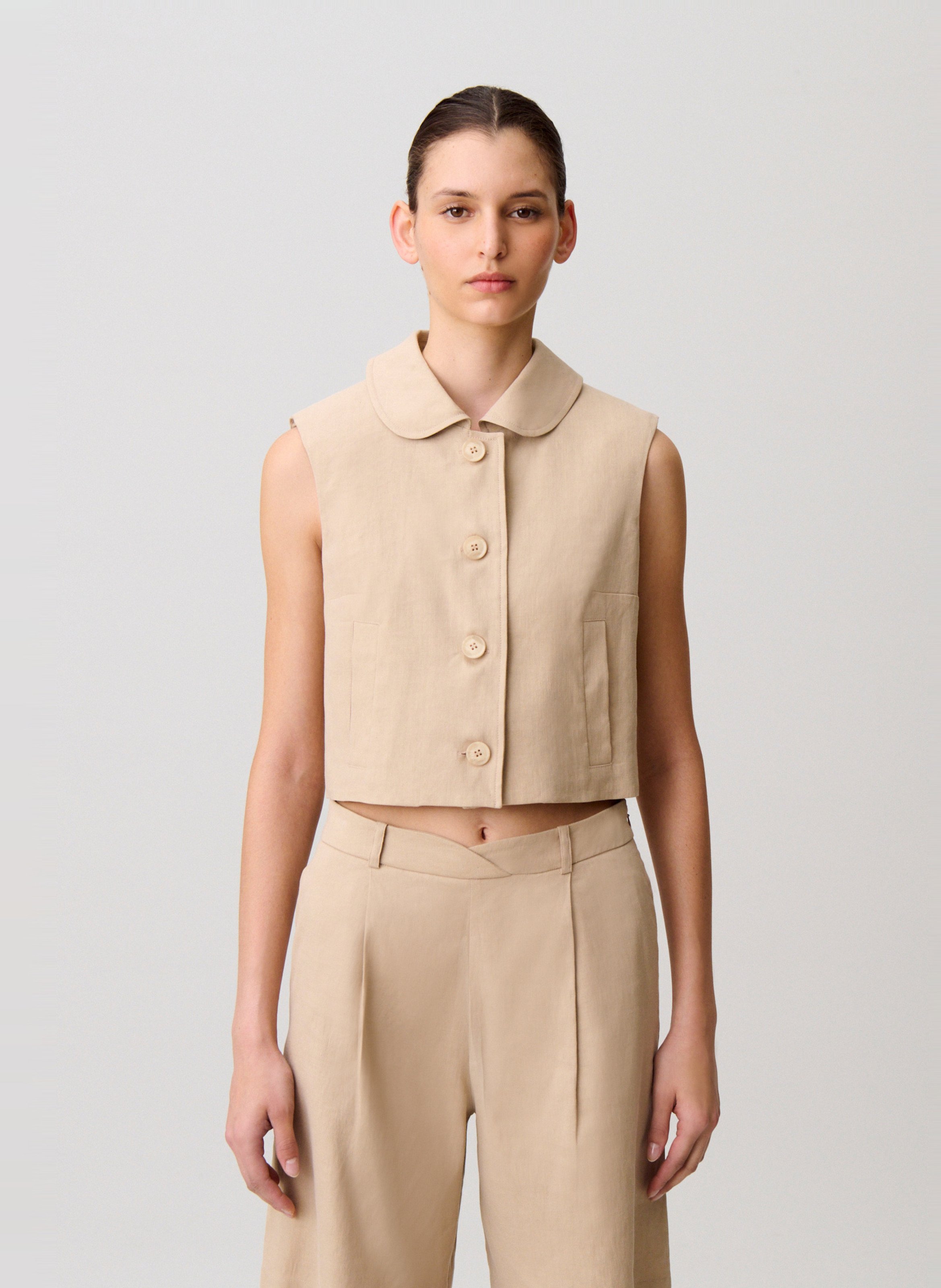 Jacket with classic collar in linen and cotton blend CLAUDIE PIERLOT Beige