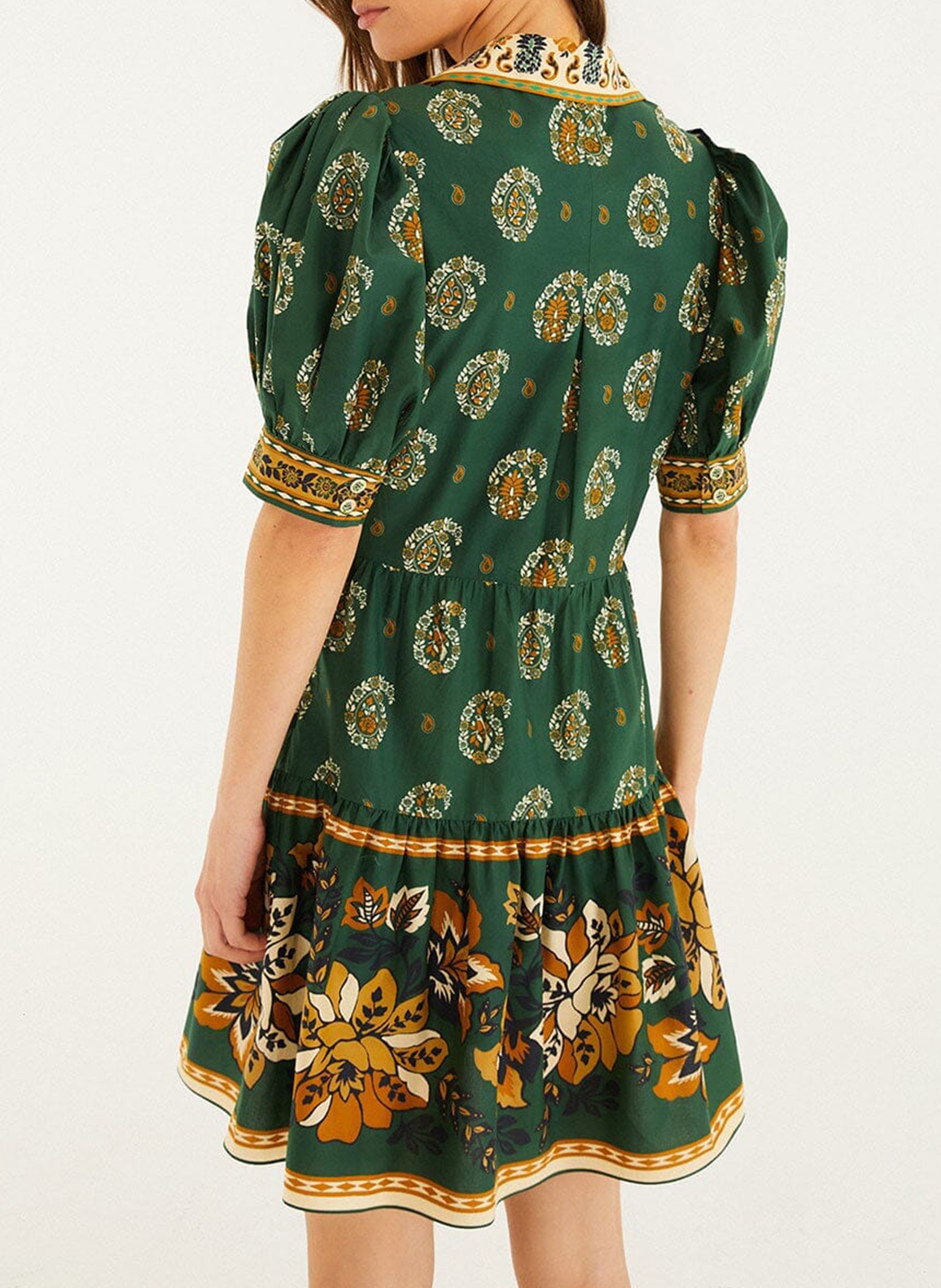 Short printed dress with puffed sleeves FARM RIO Green