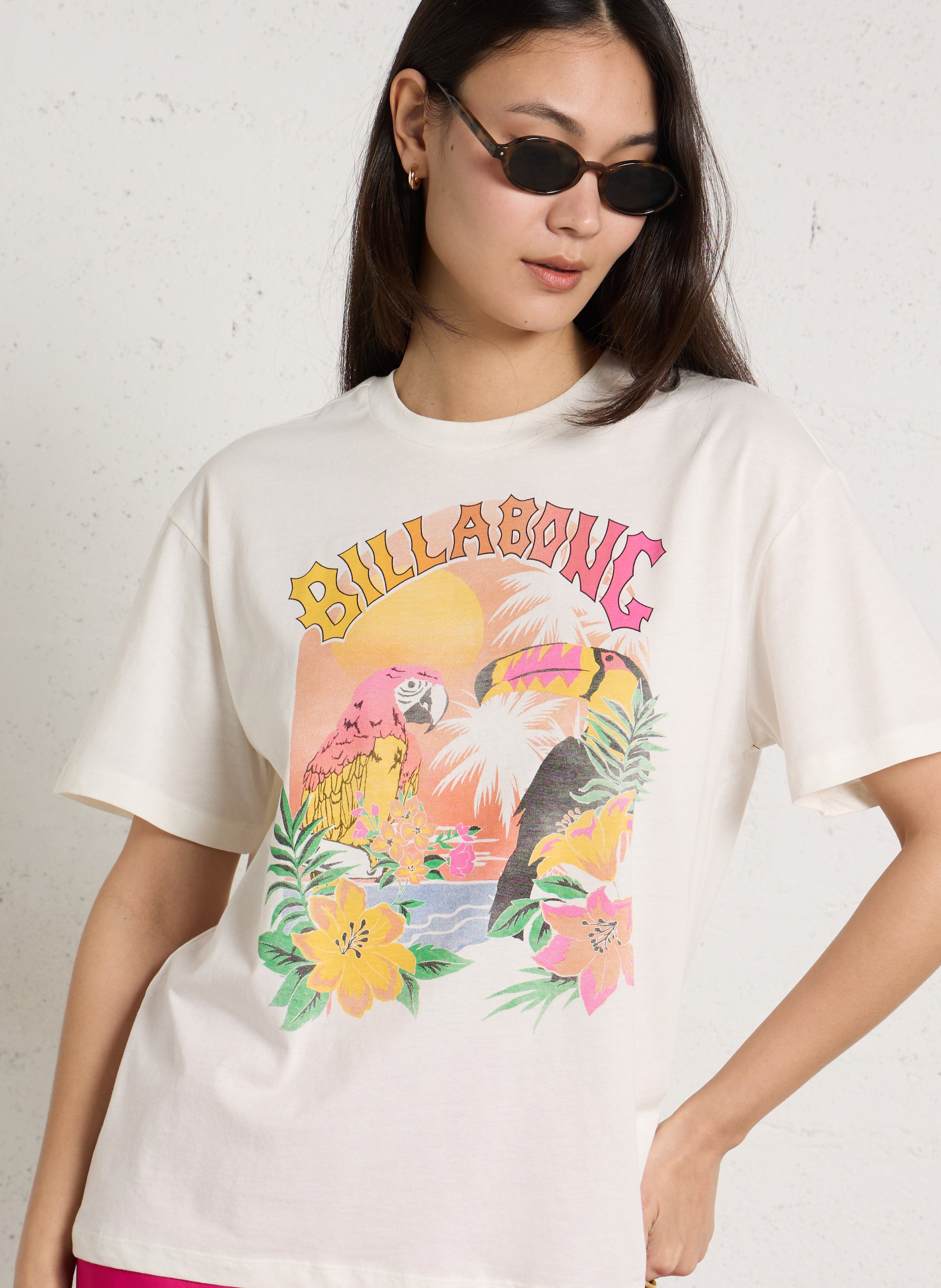 Gerader Rundhalsausschnitt bedrucktes Baumwoll-T-Shirt BILLABONG Weiss