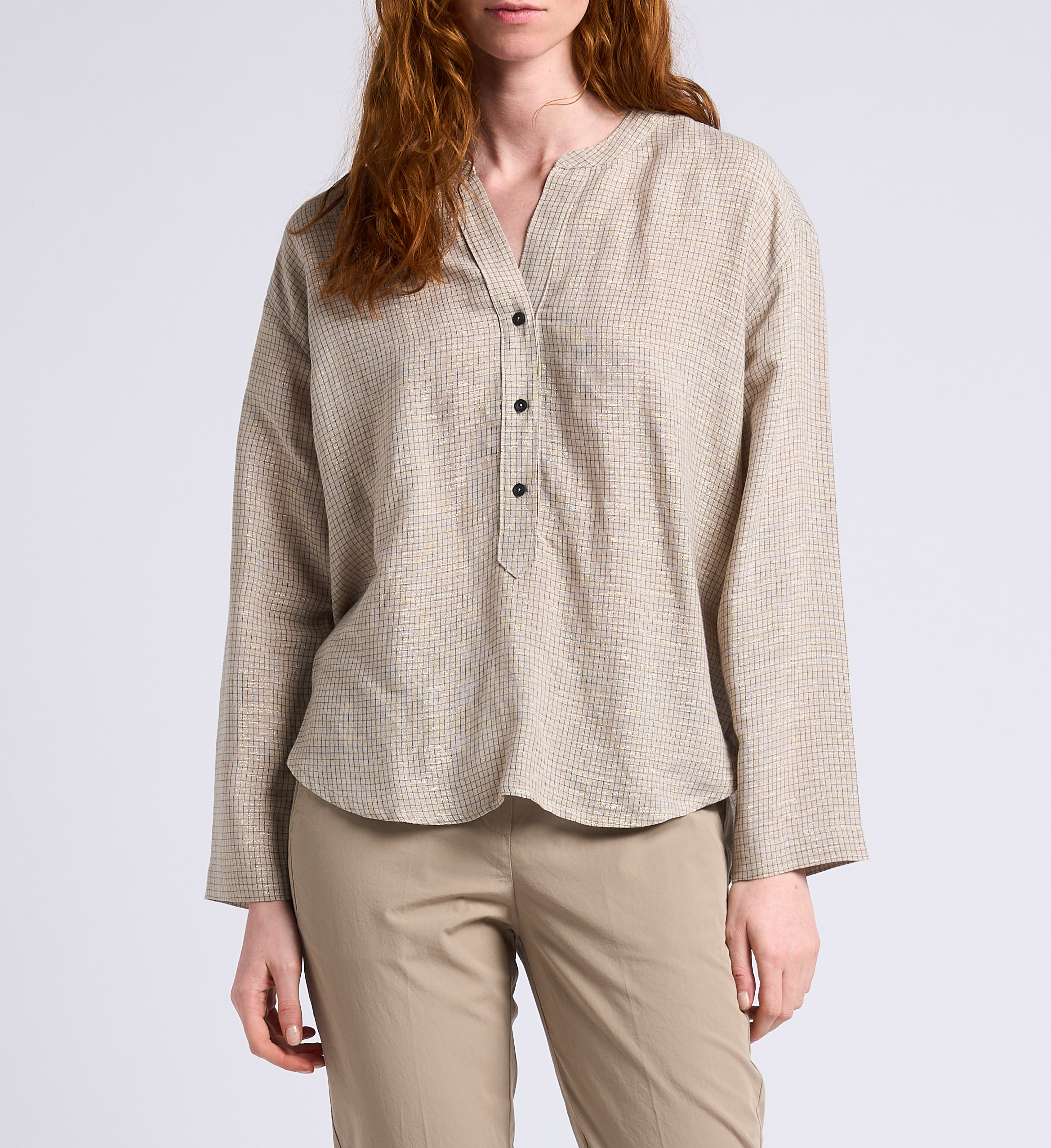 Blouse col V à carreaux en coton DIEGA Doré