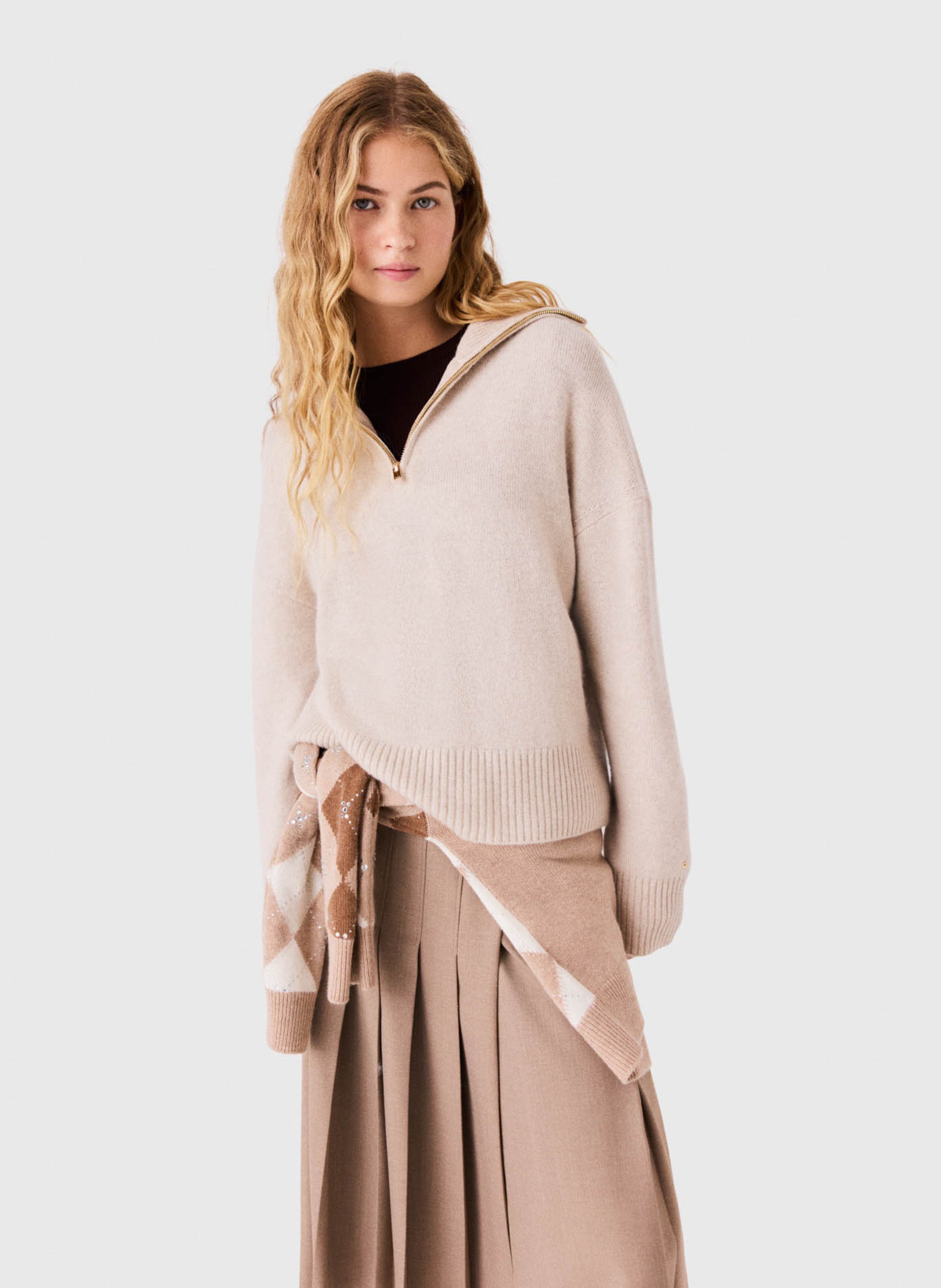 Pull col camionneur en cachemire mélangé MAJE Beige