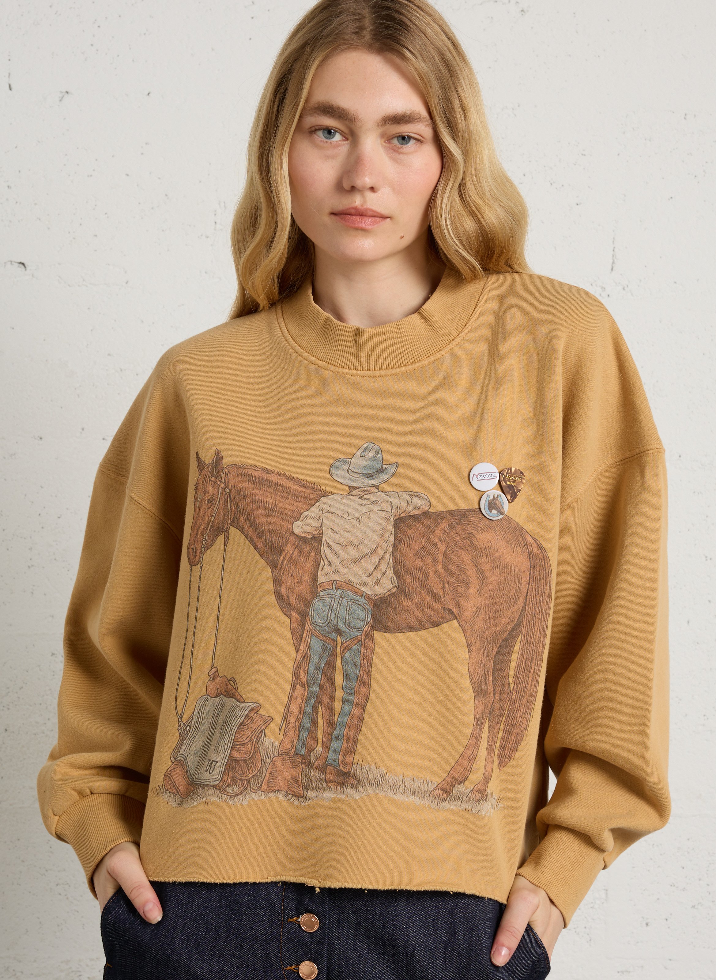 Sweat ample col rond imprimé en coton NEWTONE Marron